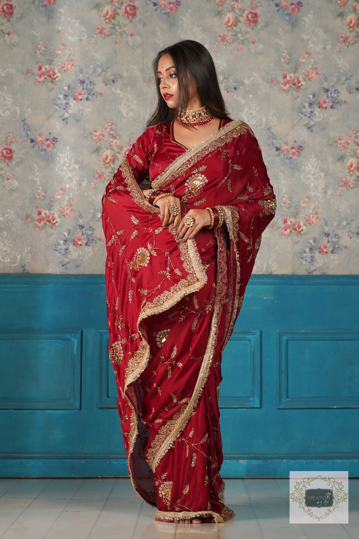 Din Shagan Da Maroon Bridal Crepe Silk Saree kreationbykj