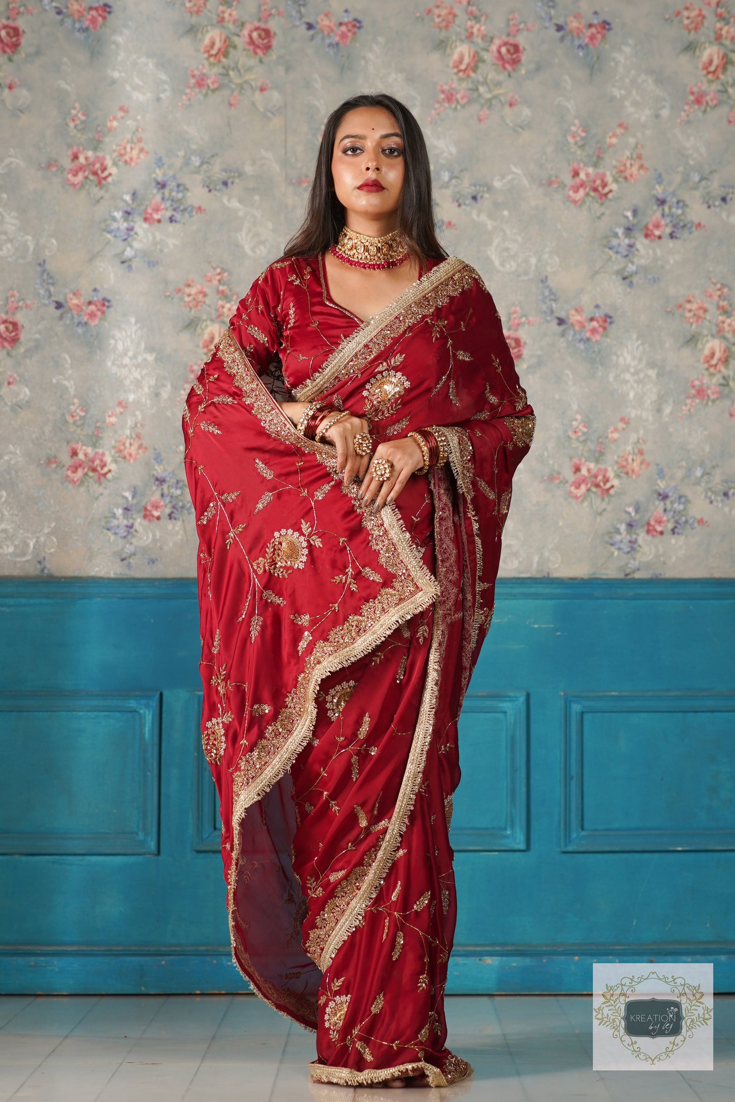 Din Shagan Da Maroon Bridal Crepe Silk Saree kreationbykj