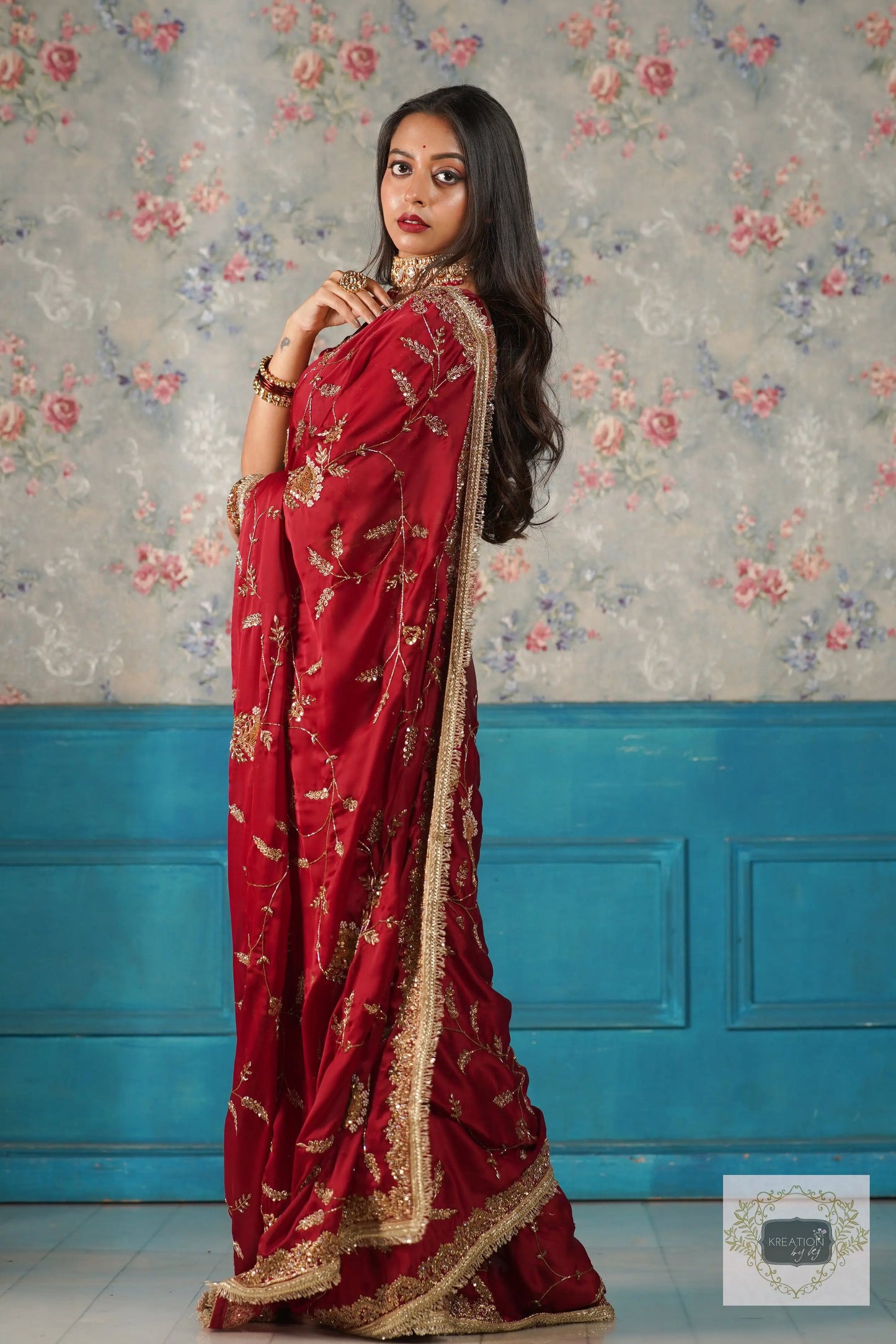 Din Shagan Da Maroon Bridal Crepe Silk Saree kreationbykj
