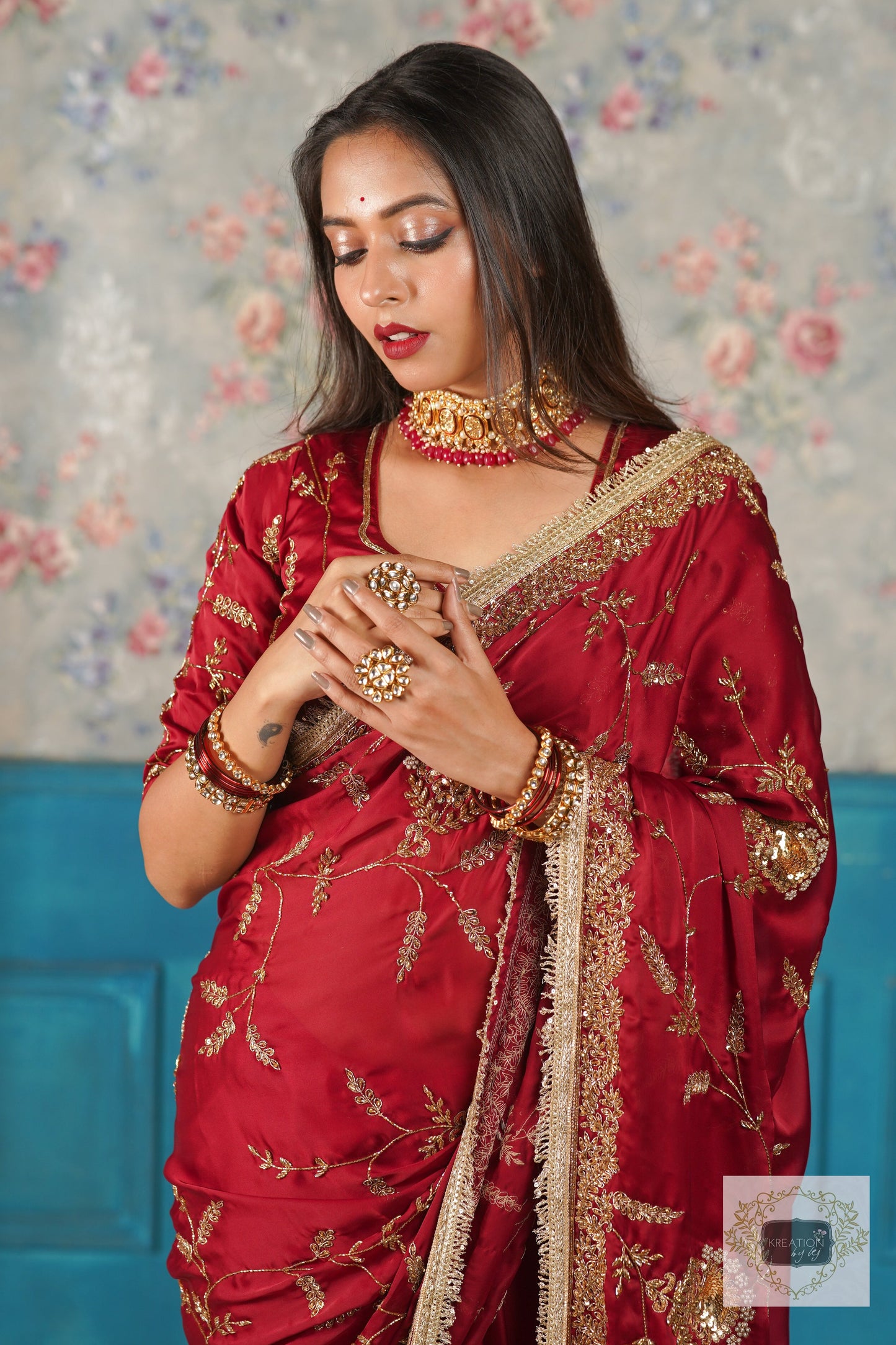 Din Shagan Da Maroon Bridal Crepe Silk Saree kreationbykj
