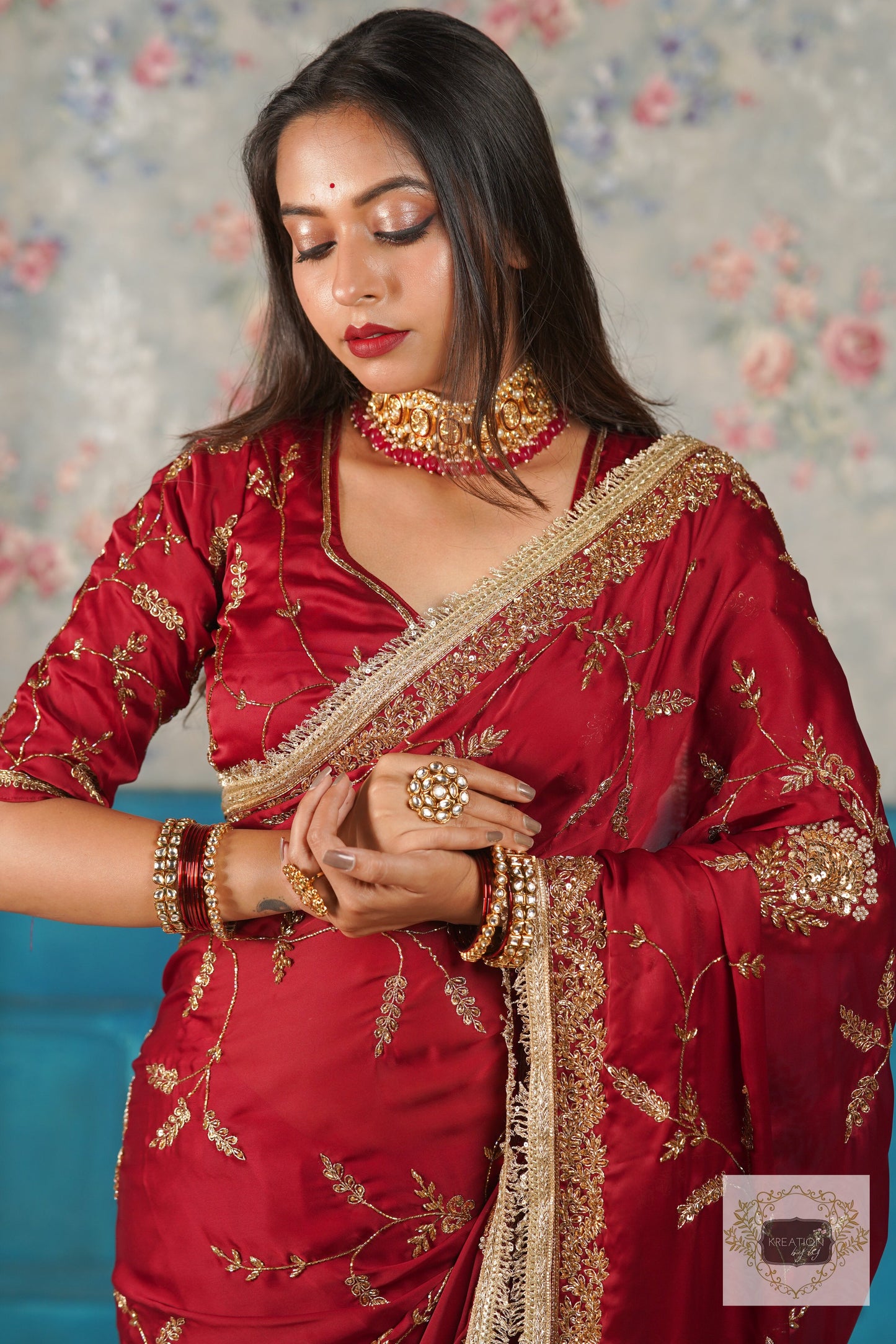 Din Shagan Da Maroon Bridal Crepe Silk Saree kreationbykj