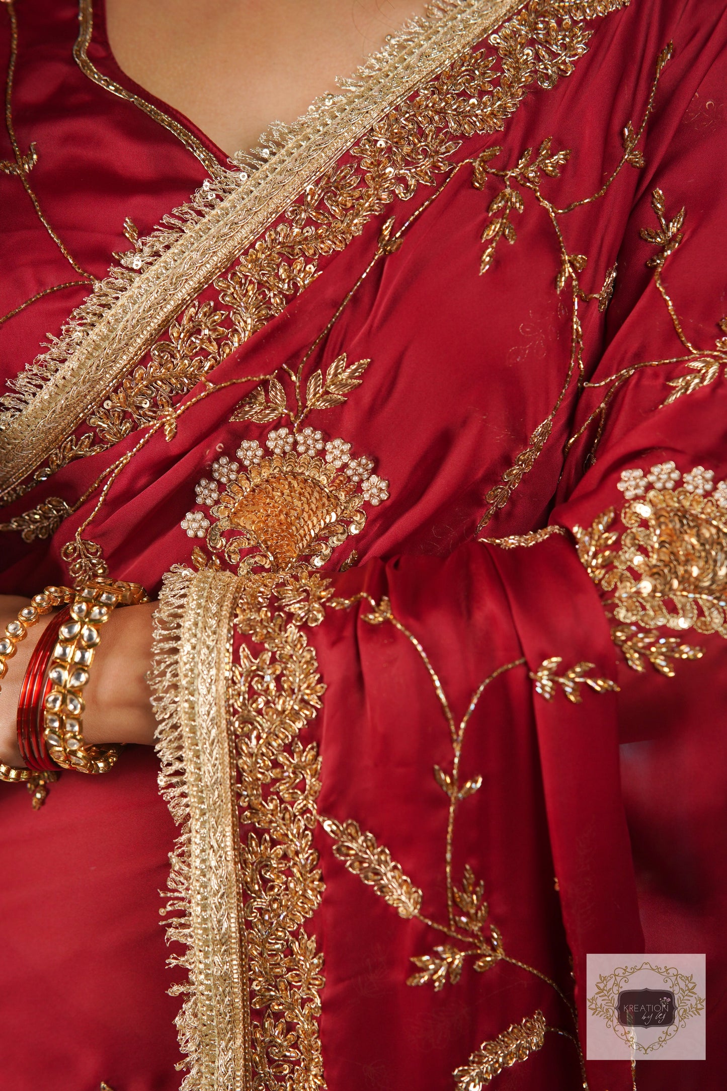 Din Shagan Da Maroon Bridal Crepe Silk Saree kreationbykj