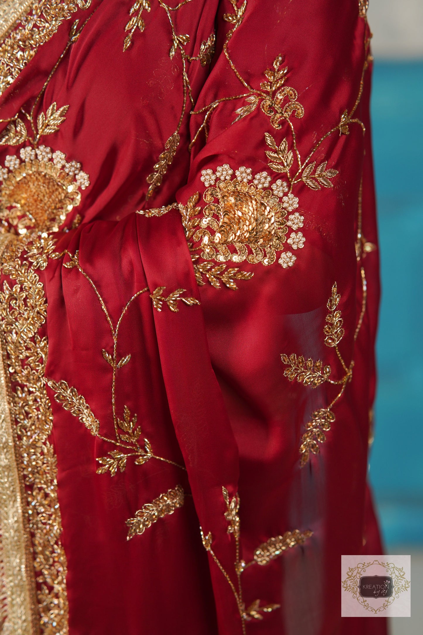 Din Shagan Da Maroon Bridal Crepe Silk Saree kreationbykj