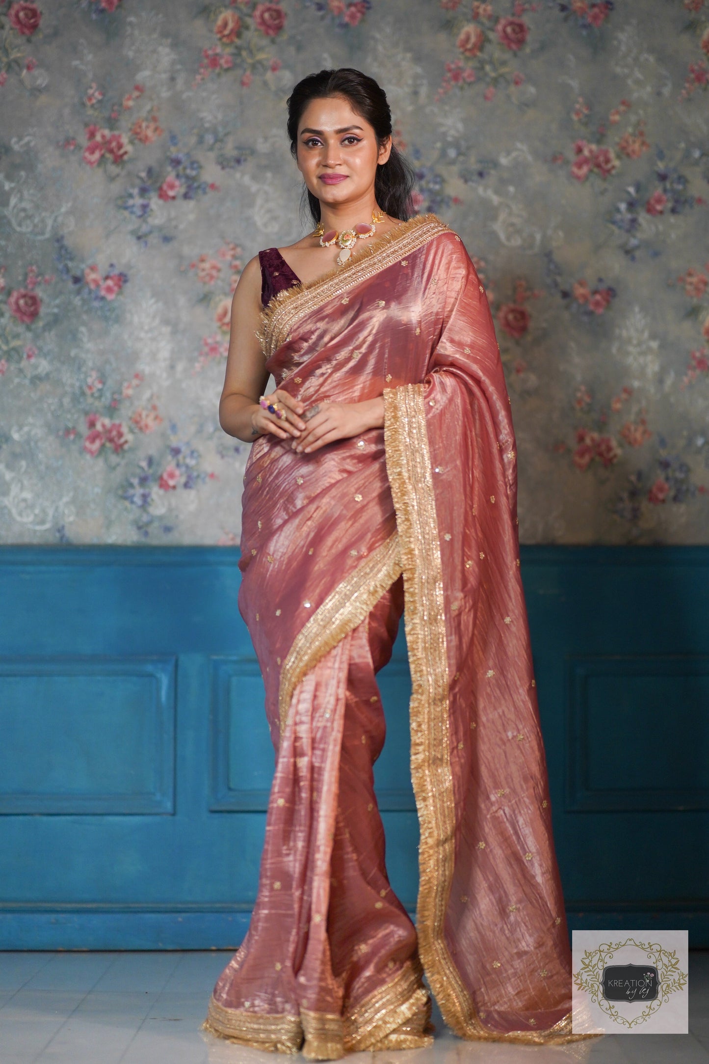 Salmon Pink Tissue Banno Saree kreationbykj