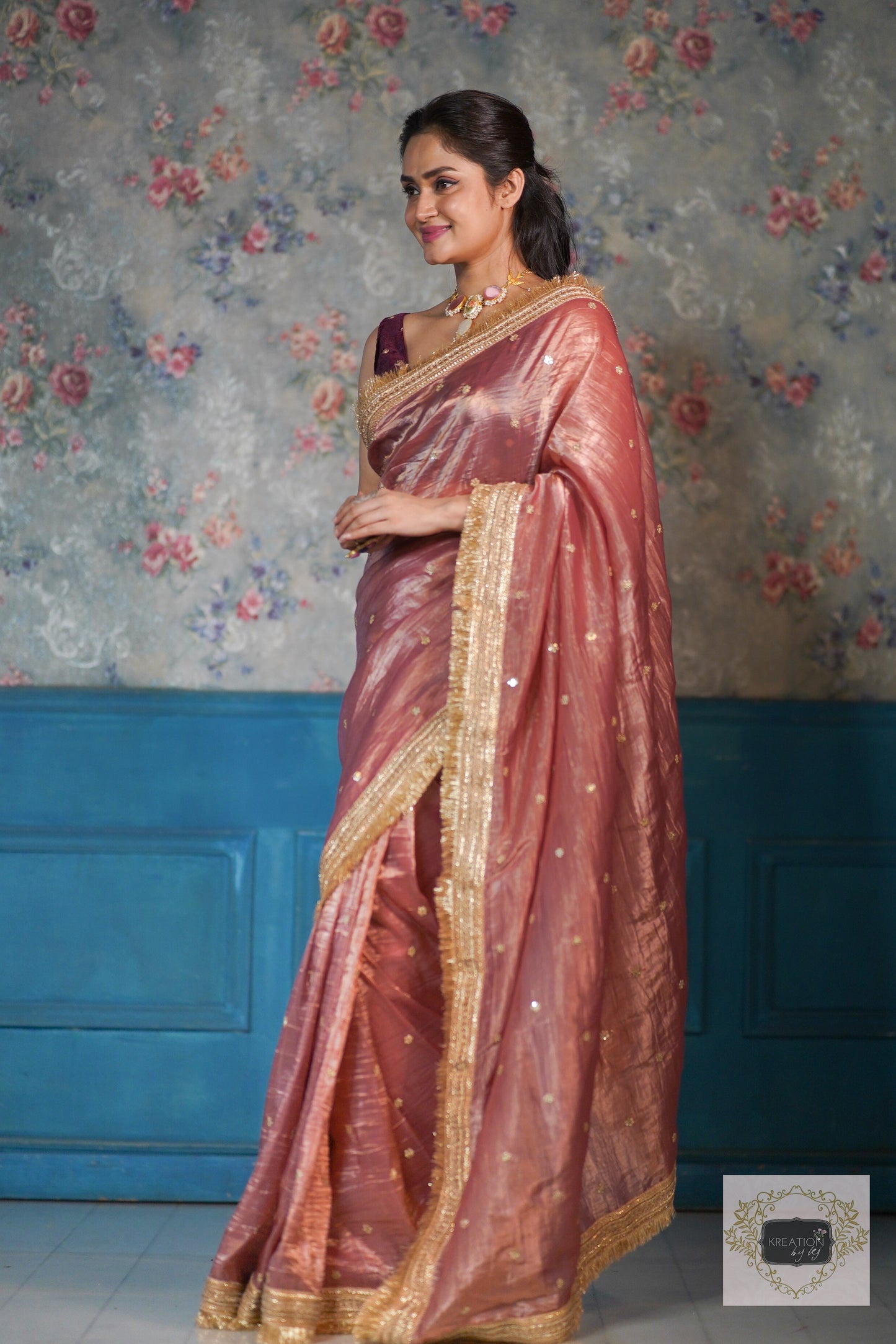 Salmon Pink Tissue Banno Saree kreationbykj