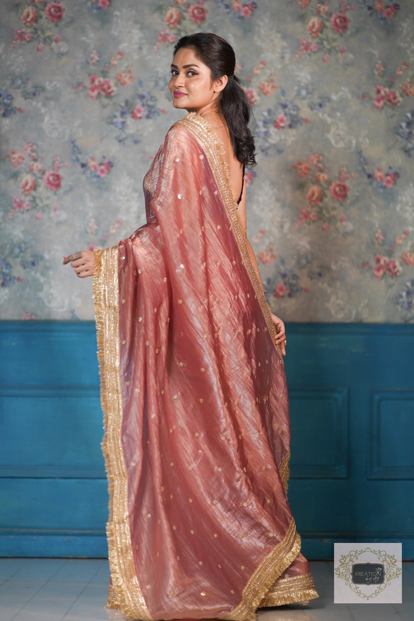 Salmon Pink Tissue Banno Saree kreationbykj