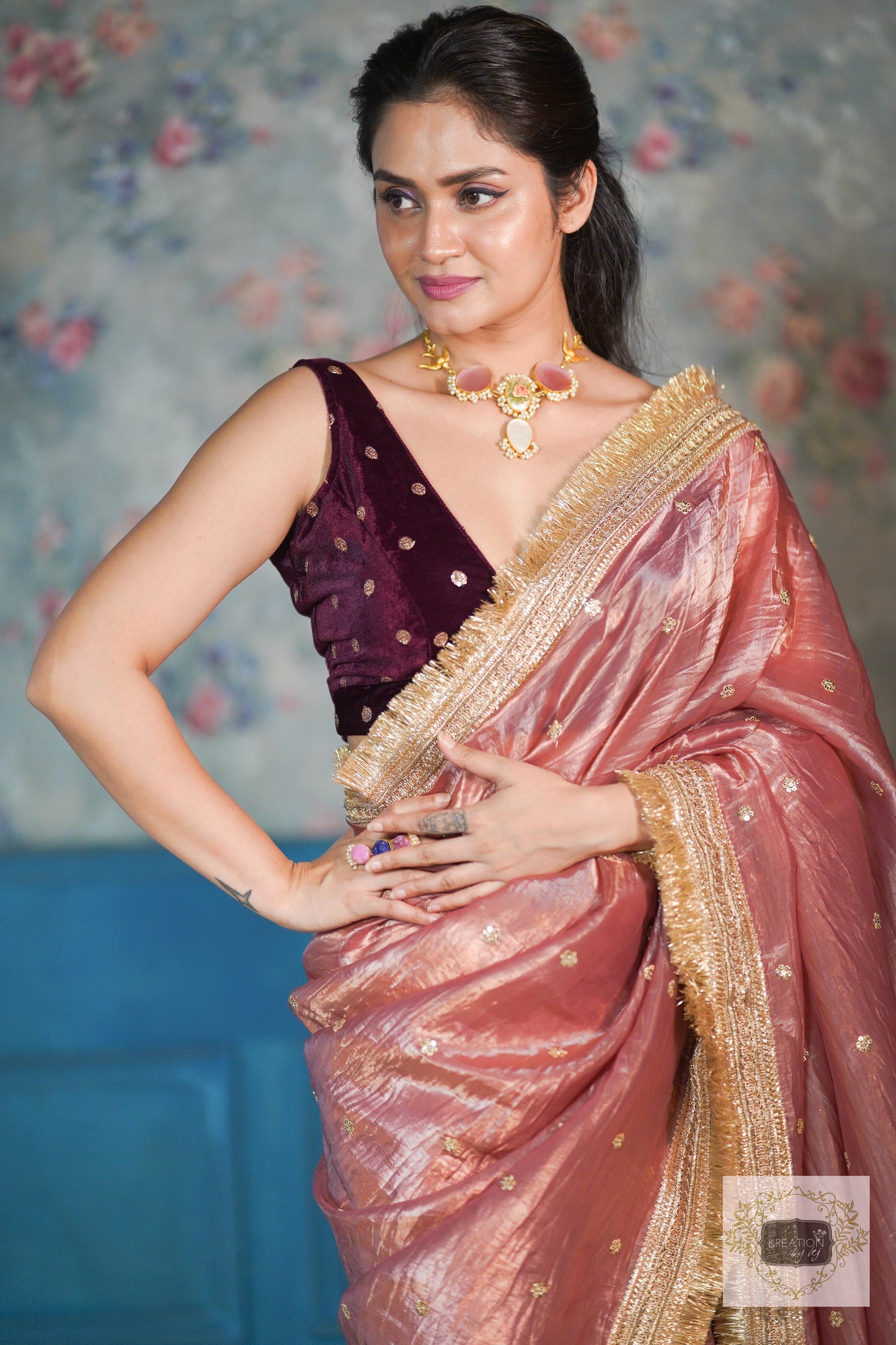 Salmon Pink Tissue Banno Saree kreationbykj