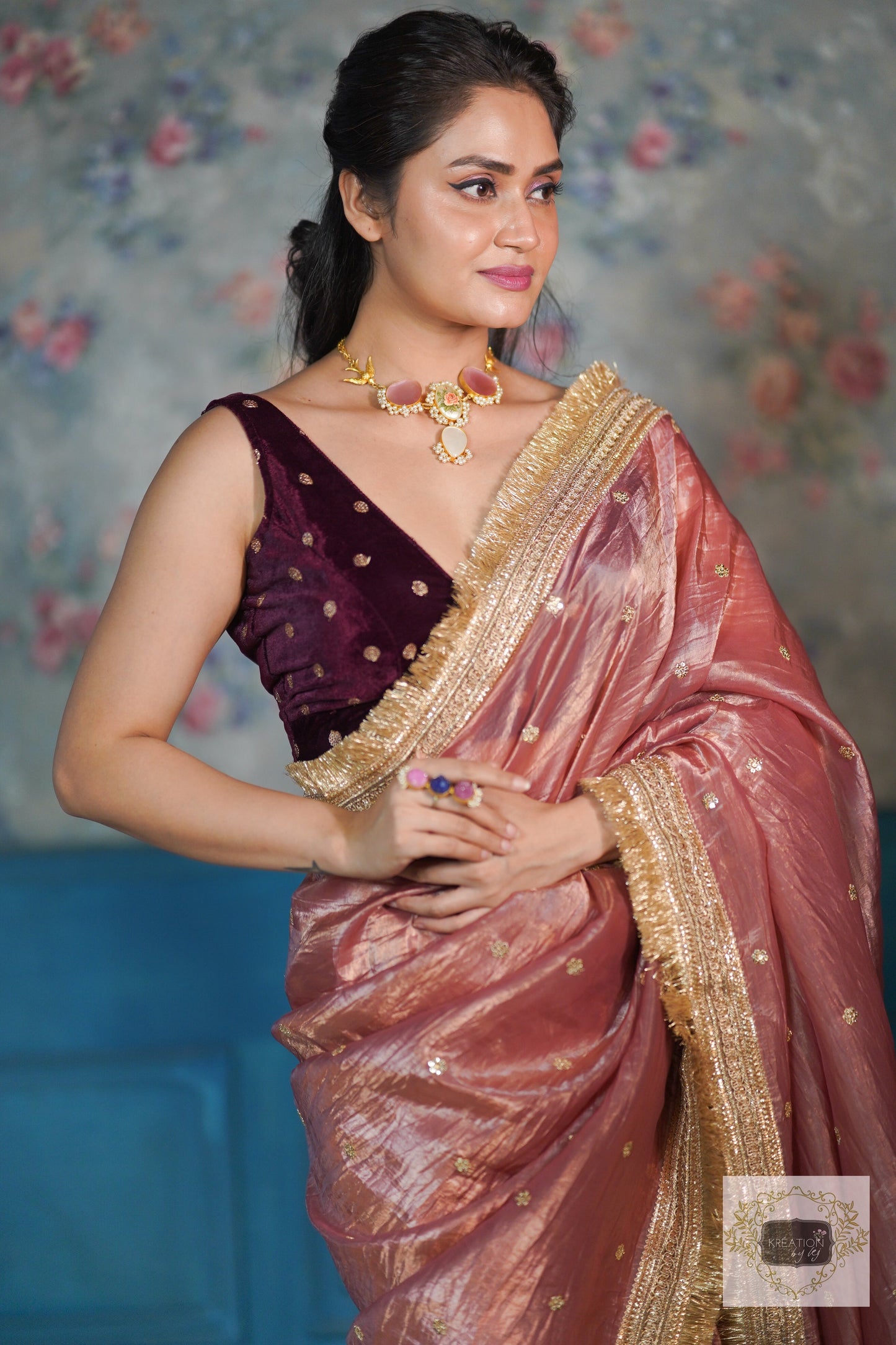 Salmon Pink Tissue Banno Saree kreationbykj