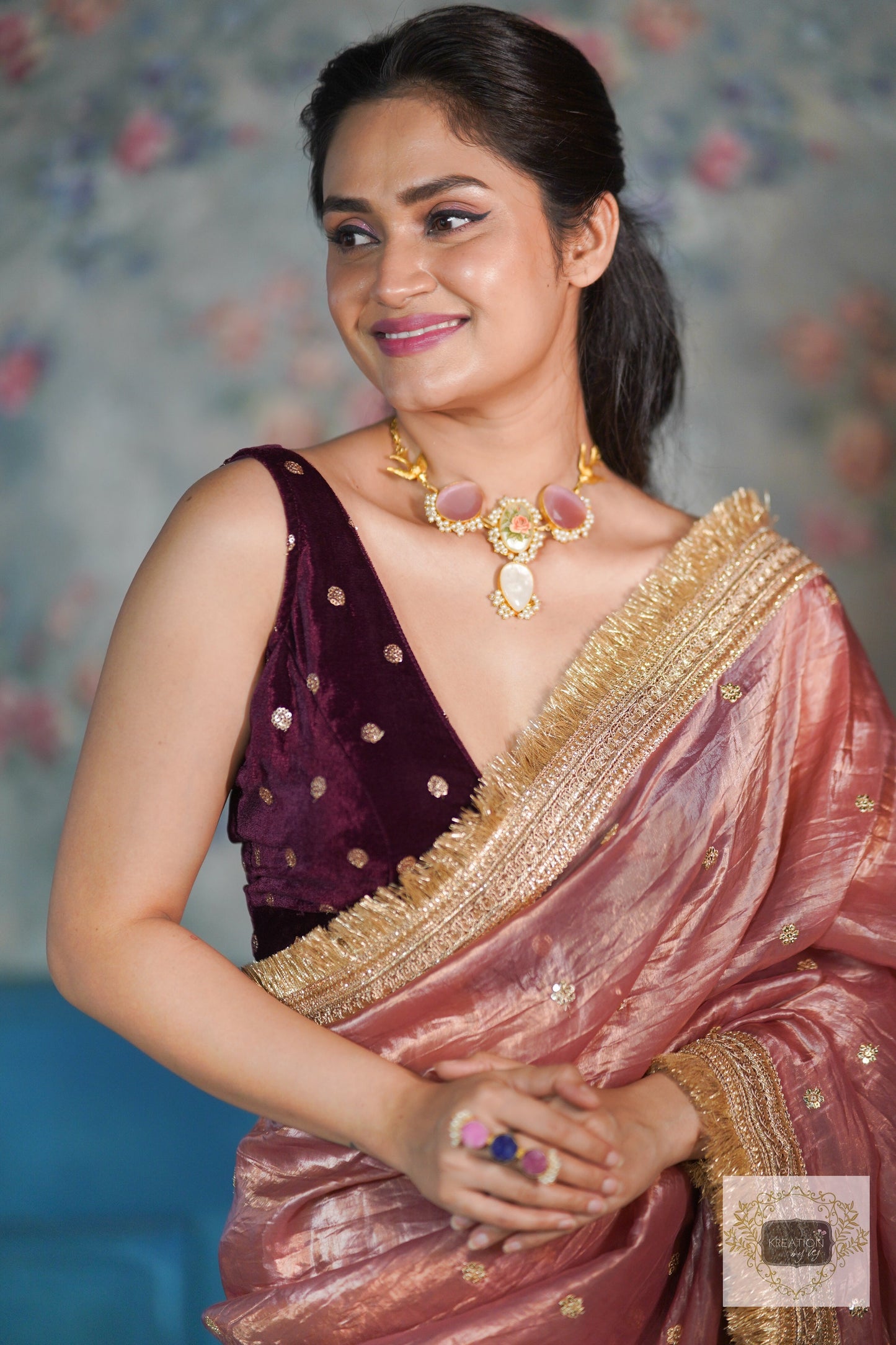 Salmon Pink Tissue Banno Saree kreationbykj