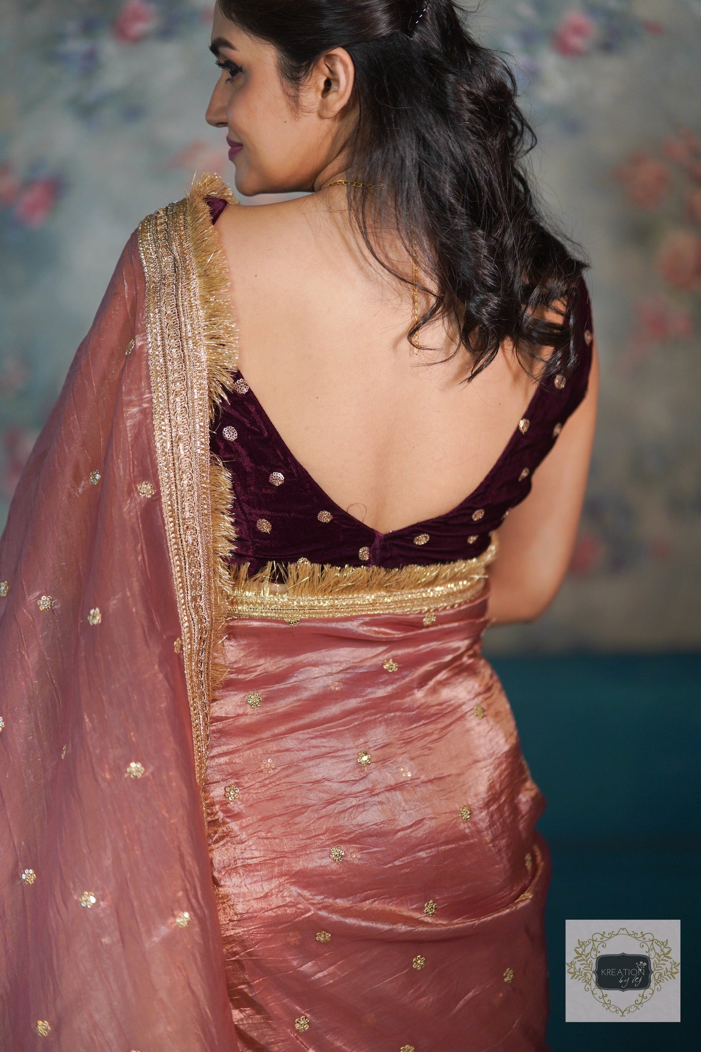 Salmon Pink Tissue Banno Saree kreationbykj