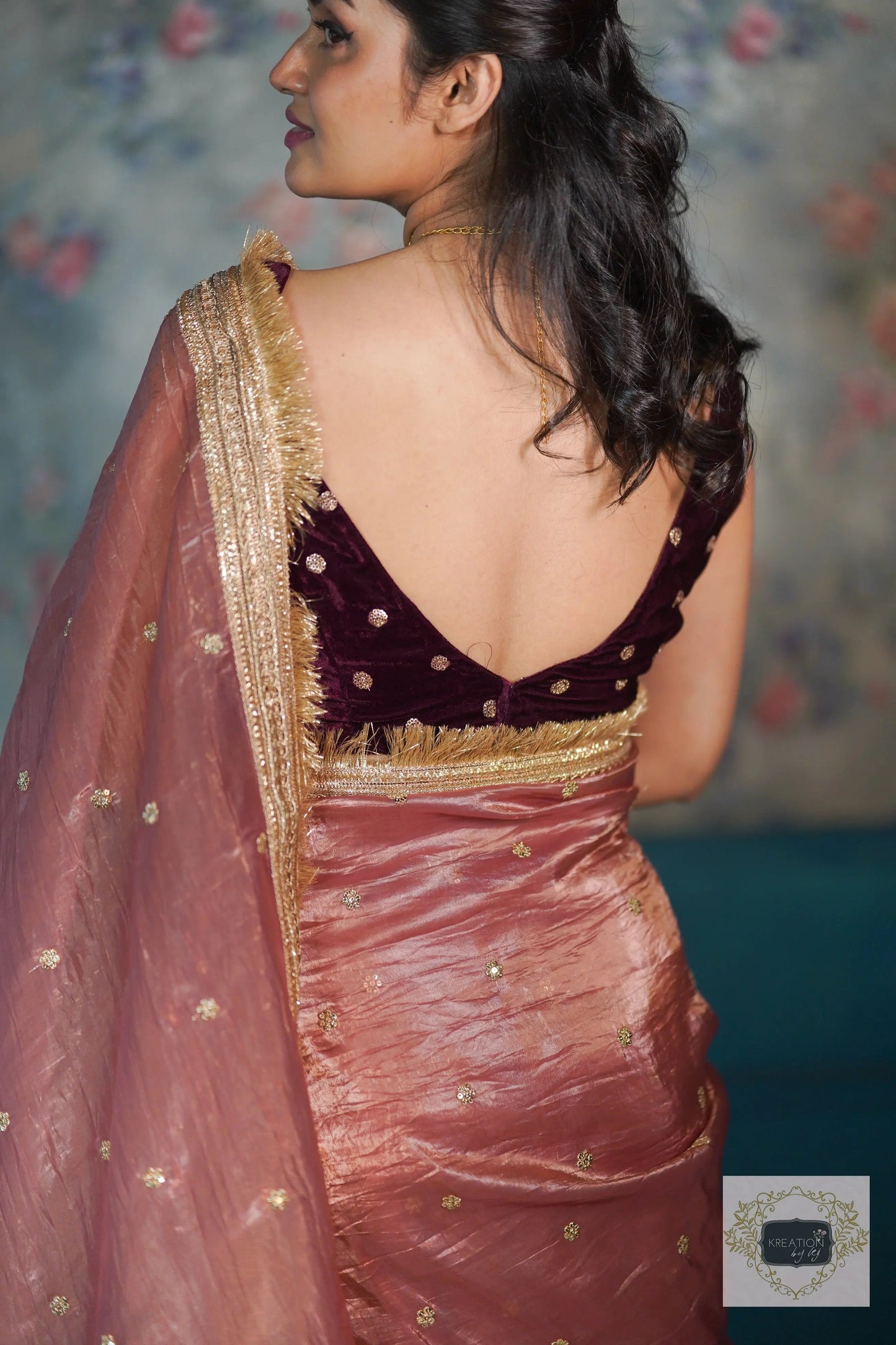 Salmon Pink Tissue Banno Saree kreationbykj