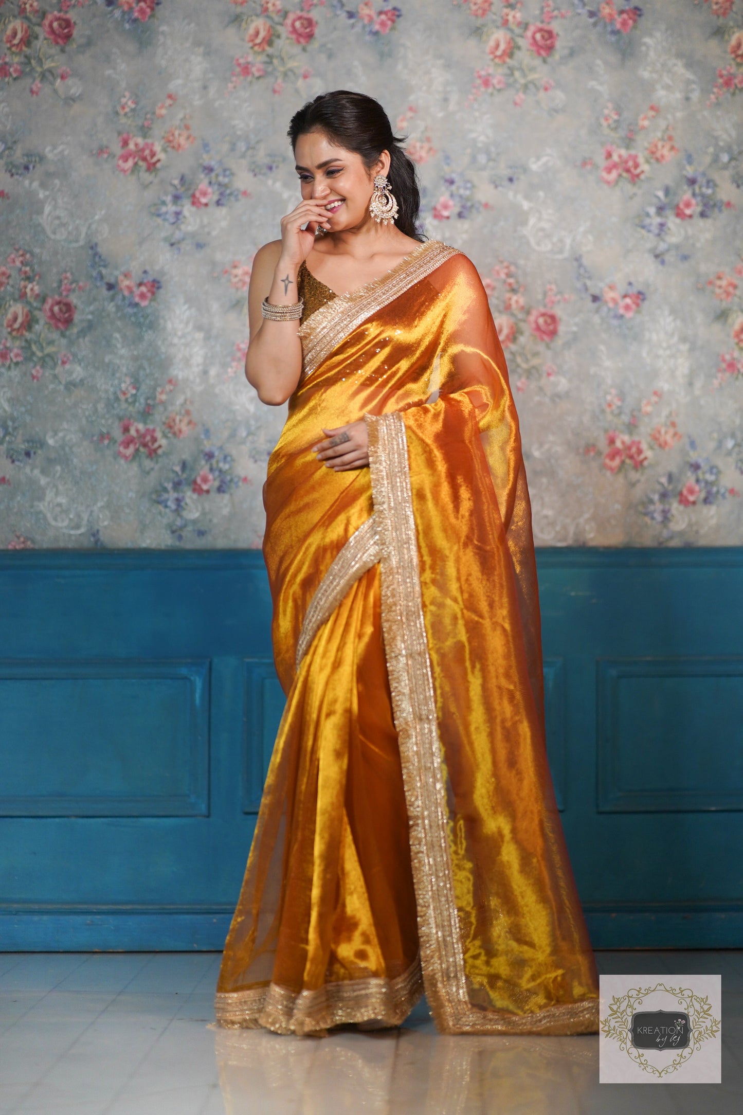Fiery Gold Zari Tissue Banno Saree kreationbykj