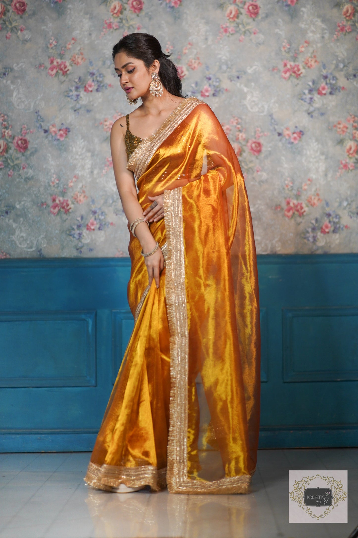 Fiery Gold Zari Tissue Banno Saree kreationbykj