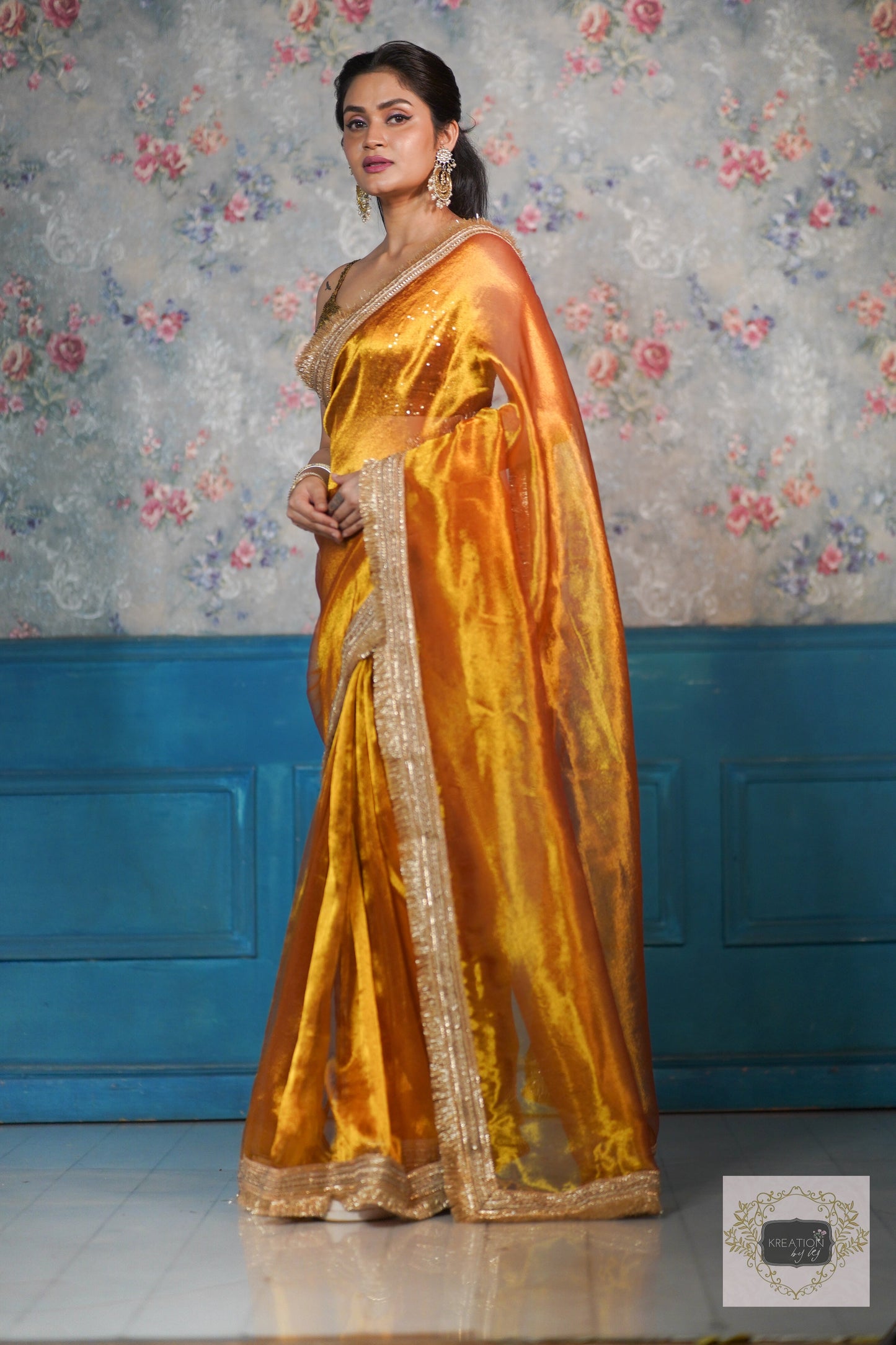 Fiery Gold Zari Tissue Banno Saree kreationbykj