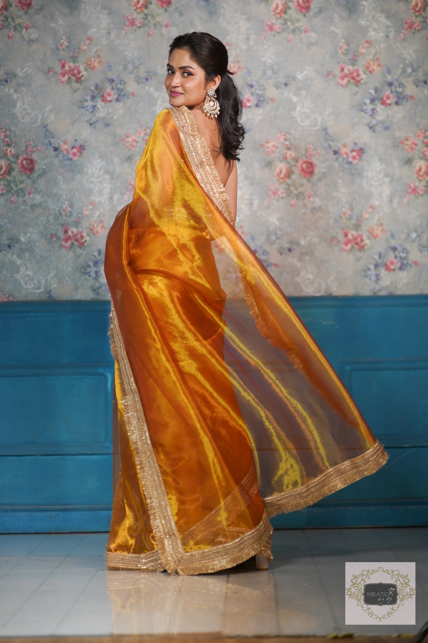 Fiery Gold Zari Tissue Banno Saree kreationbykj