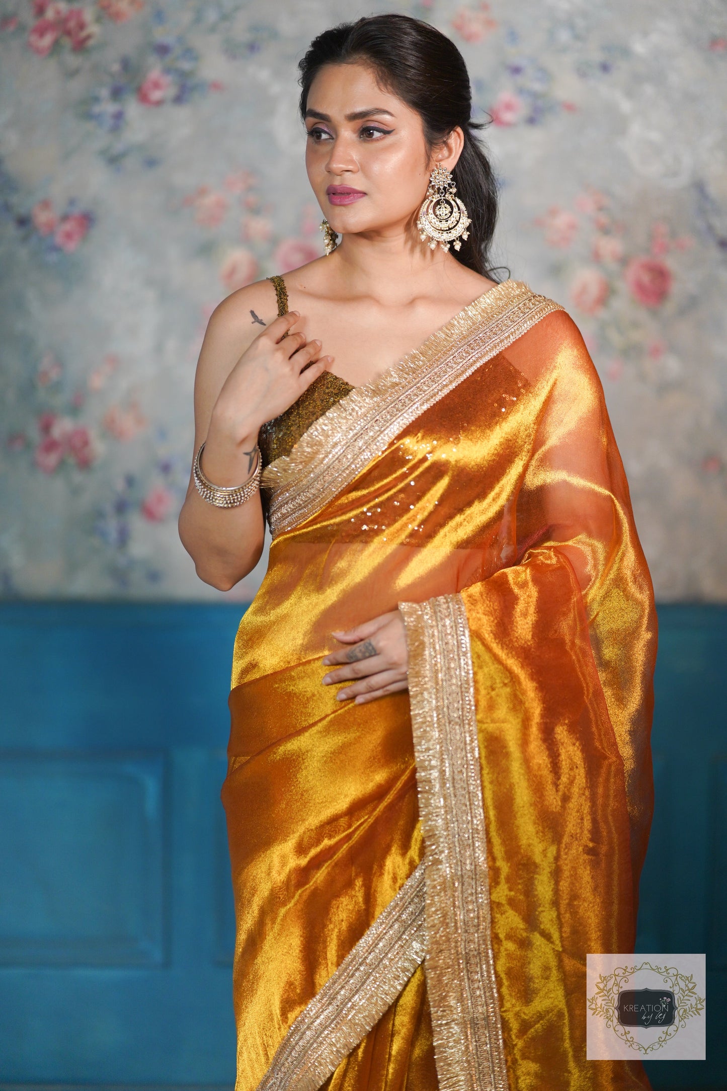 Fiery Gold Zari Tissue Banno Saree kreationbykj