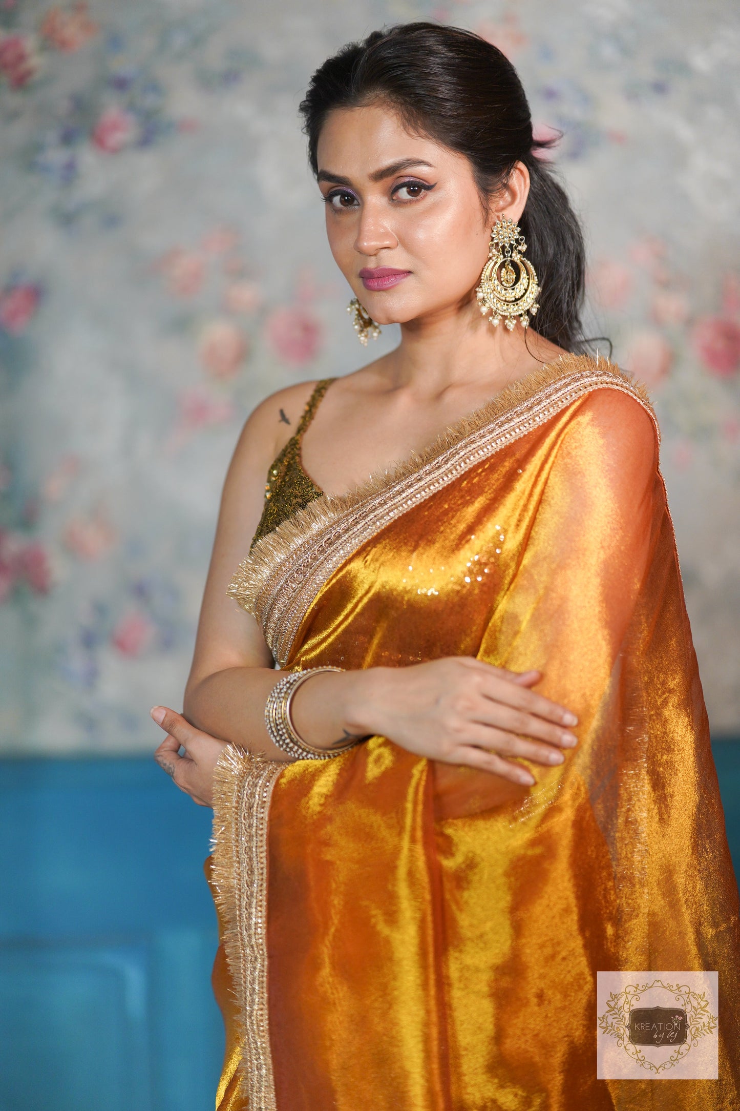 Fiery Gold Zari Tissue Banno Saree kreationbykj