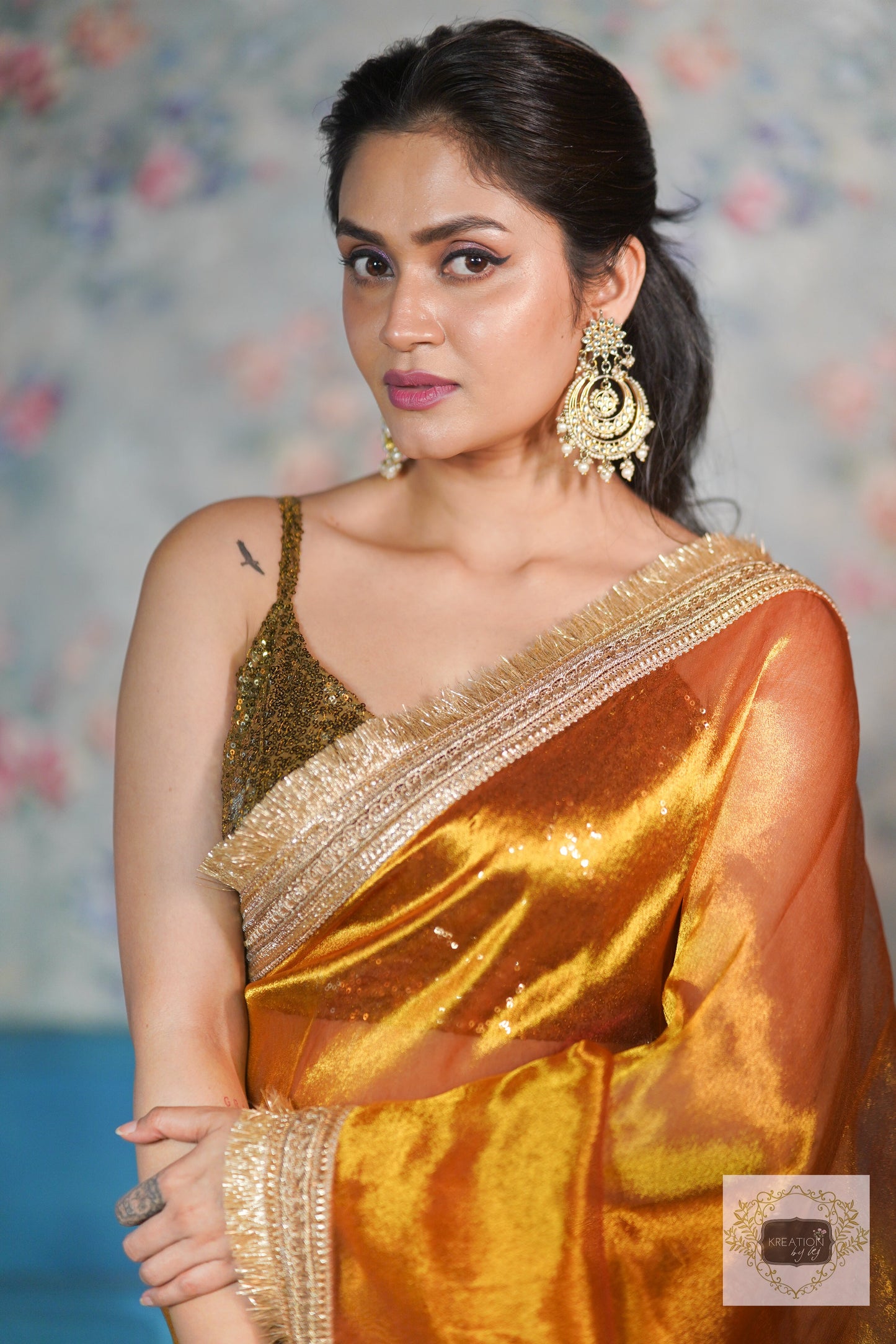 Fiery Gold Zari Tissue Banno Saree kreationbykj