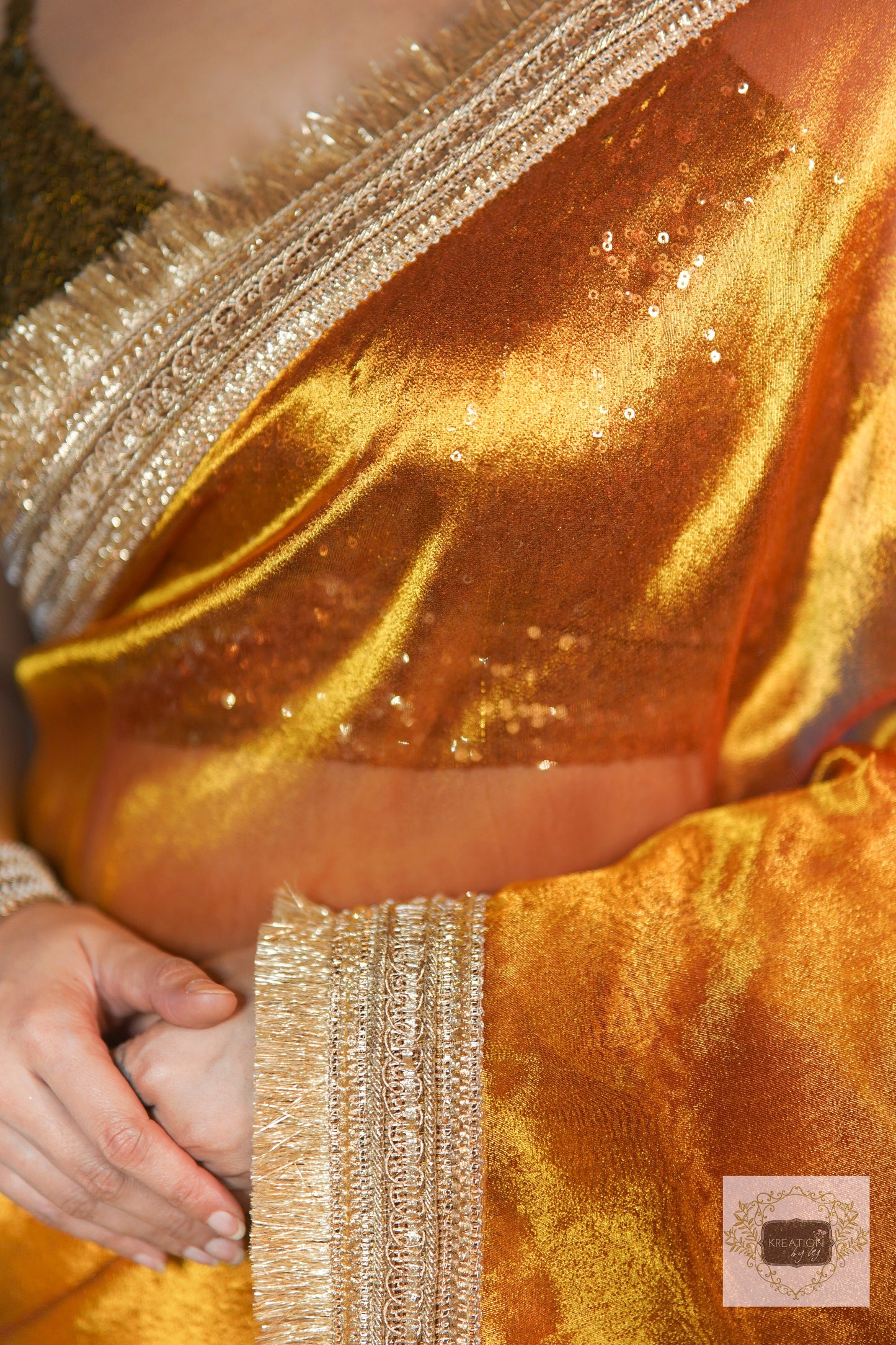 Fiery Gold Zari Tissue Banno Saree kreationbykj