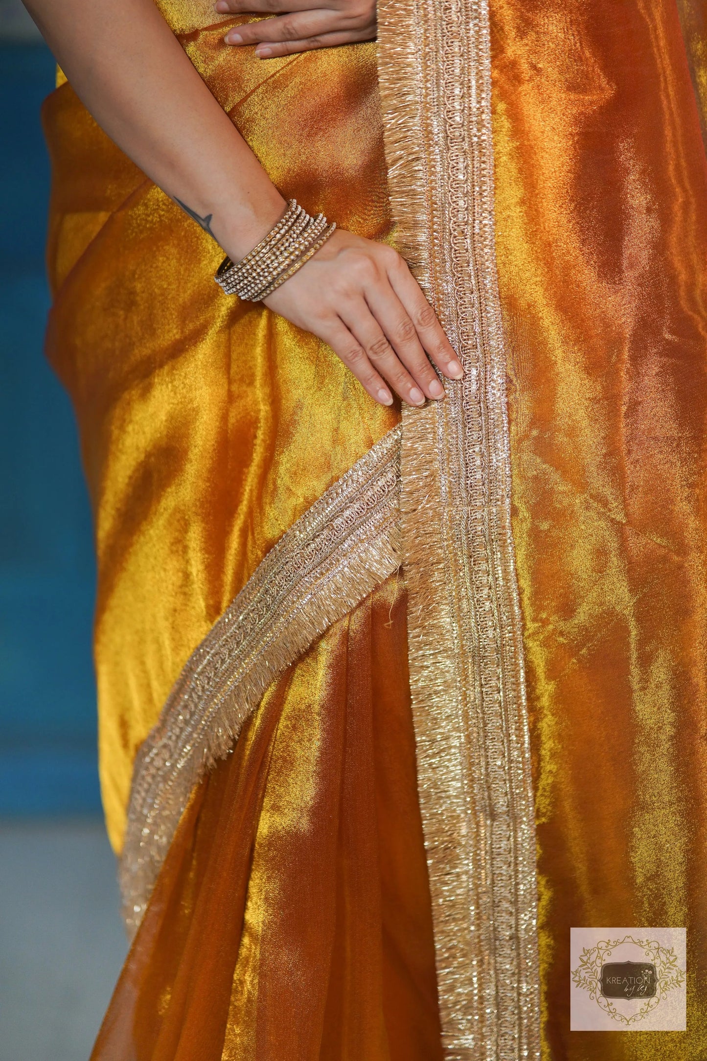 Fiery Gold Zari Tissue Banno Saree kreationbykj
