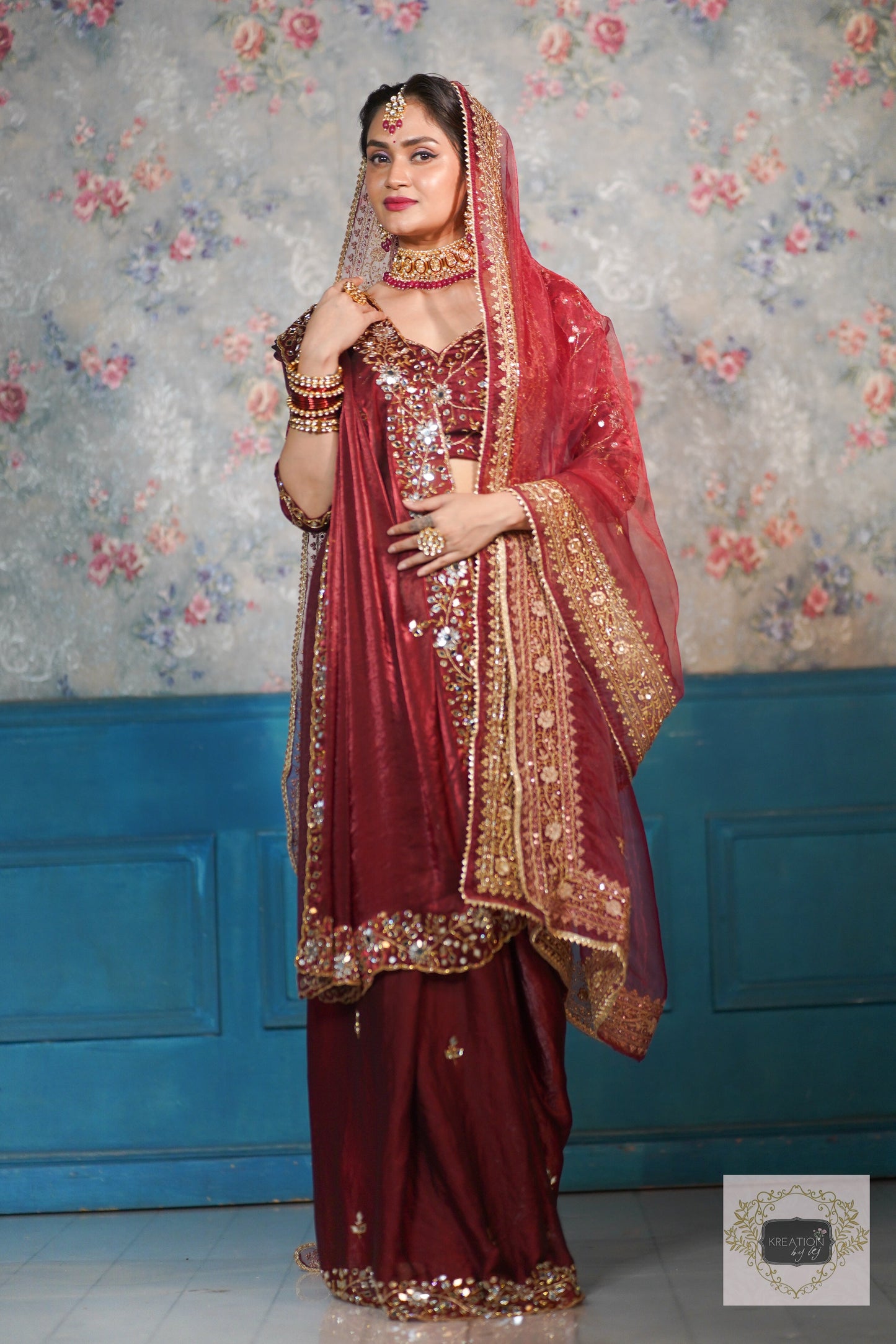 Red Glass Tissue Zarina Bridal Handembroidered Veil kreationbykj