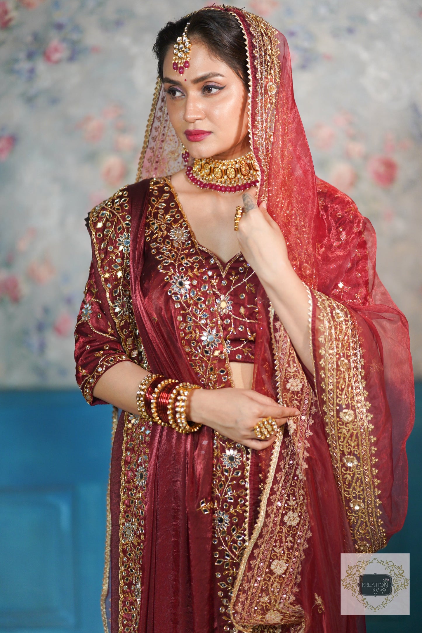 Red Glass Tissue Zarina Bridal Handembroidered Veil kreationbykj