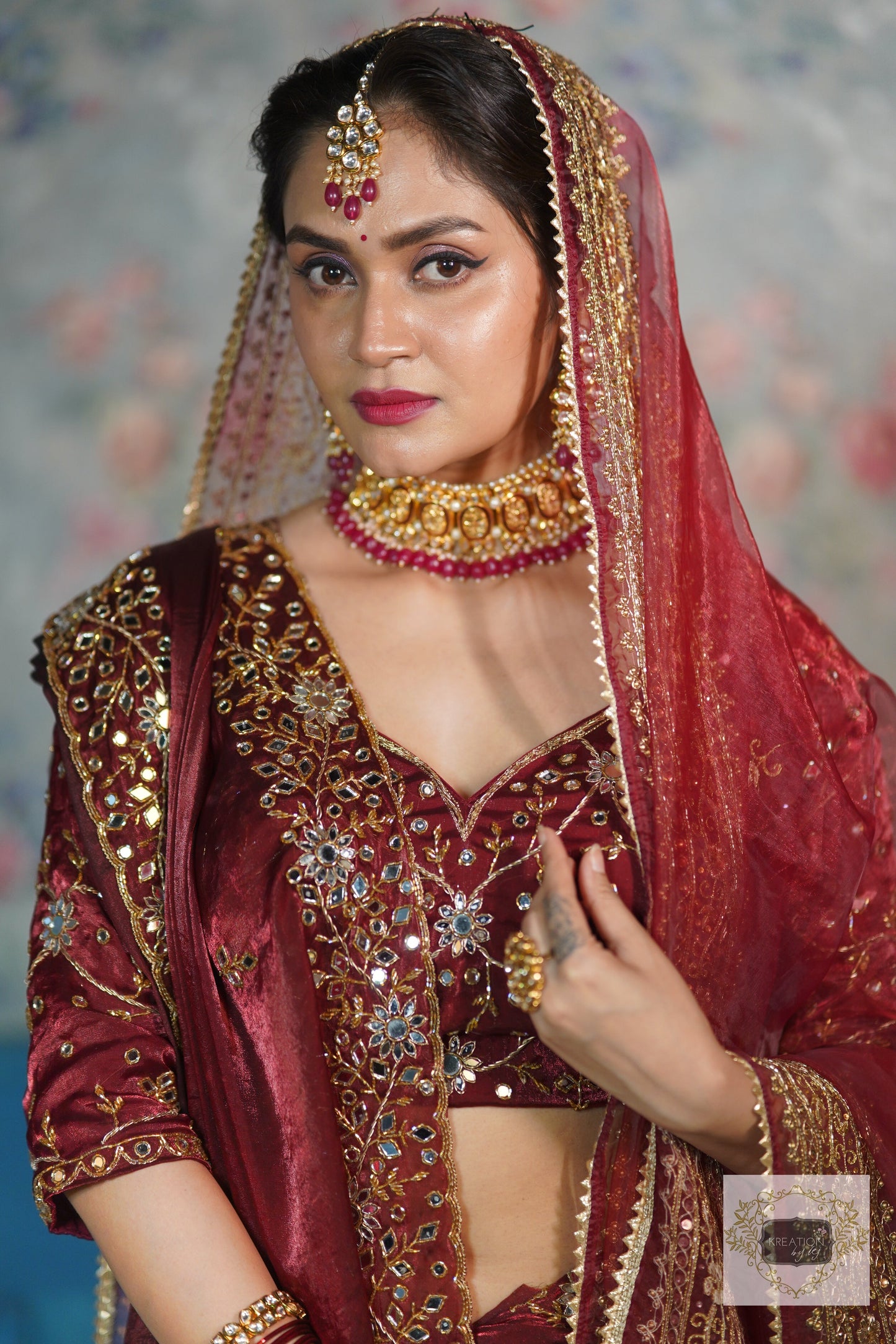 Red Glass Tissue Zarina Bridal Handembroidered Veil kreationbykj