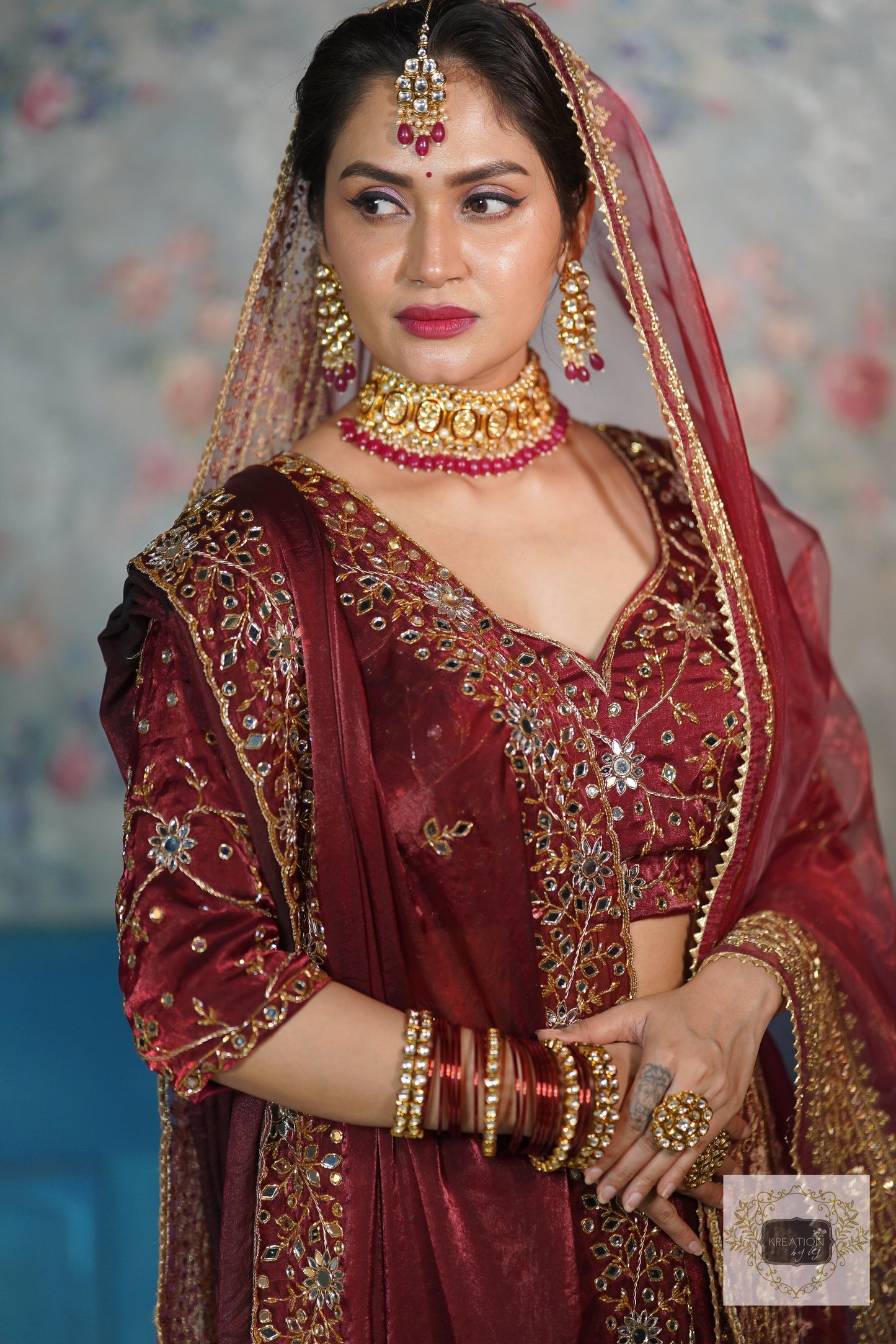 Red Glass Tissue Zarina Bridal Handembroidered Veil kreationbykj