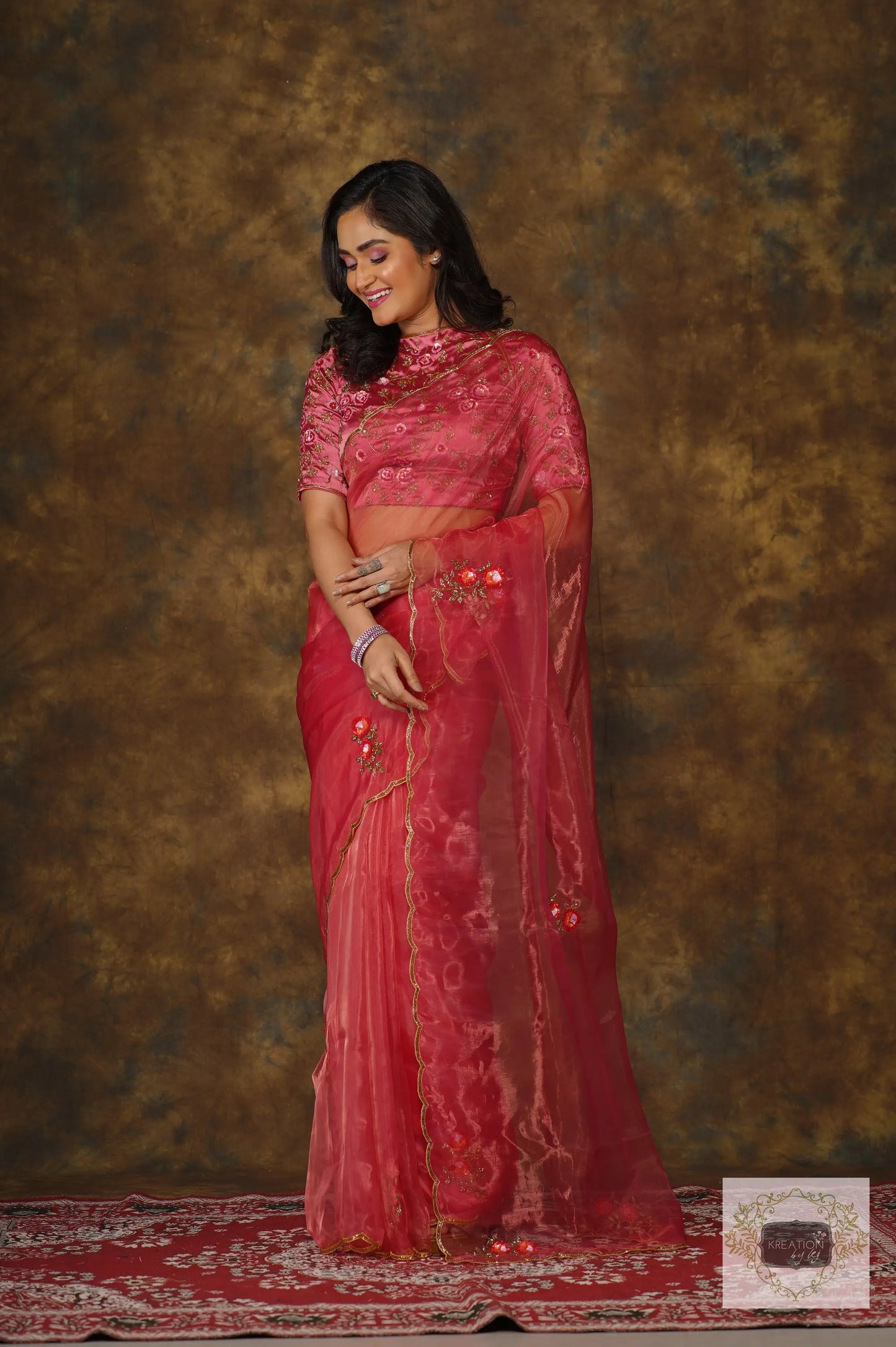 Remember the Roses Pink Glass Tissue Saree kreationbykj