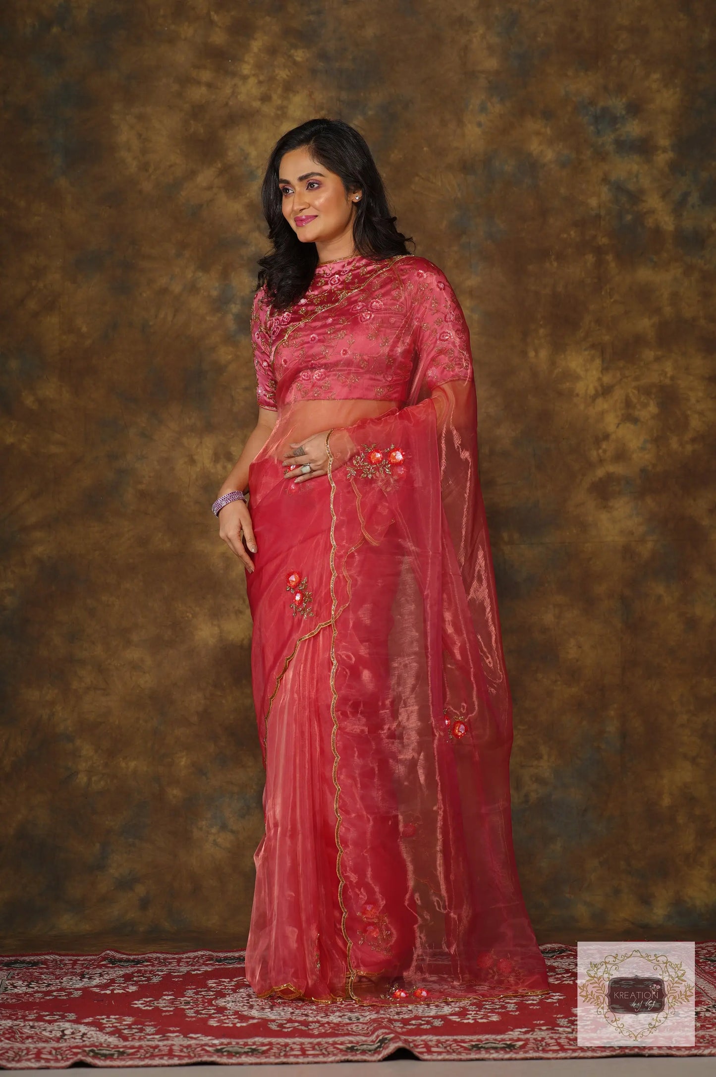 Remember the Roses Pink Glass Tissue Saree kreationbykj