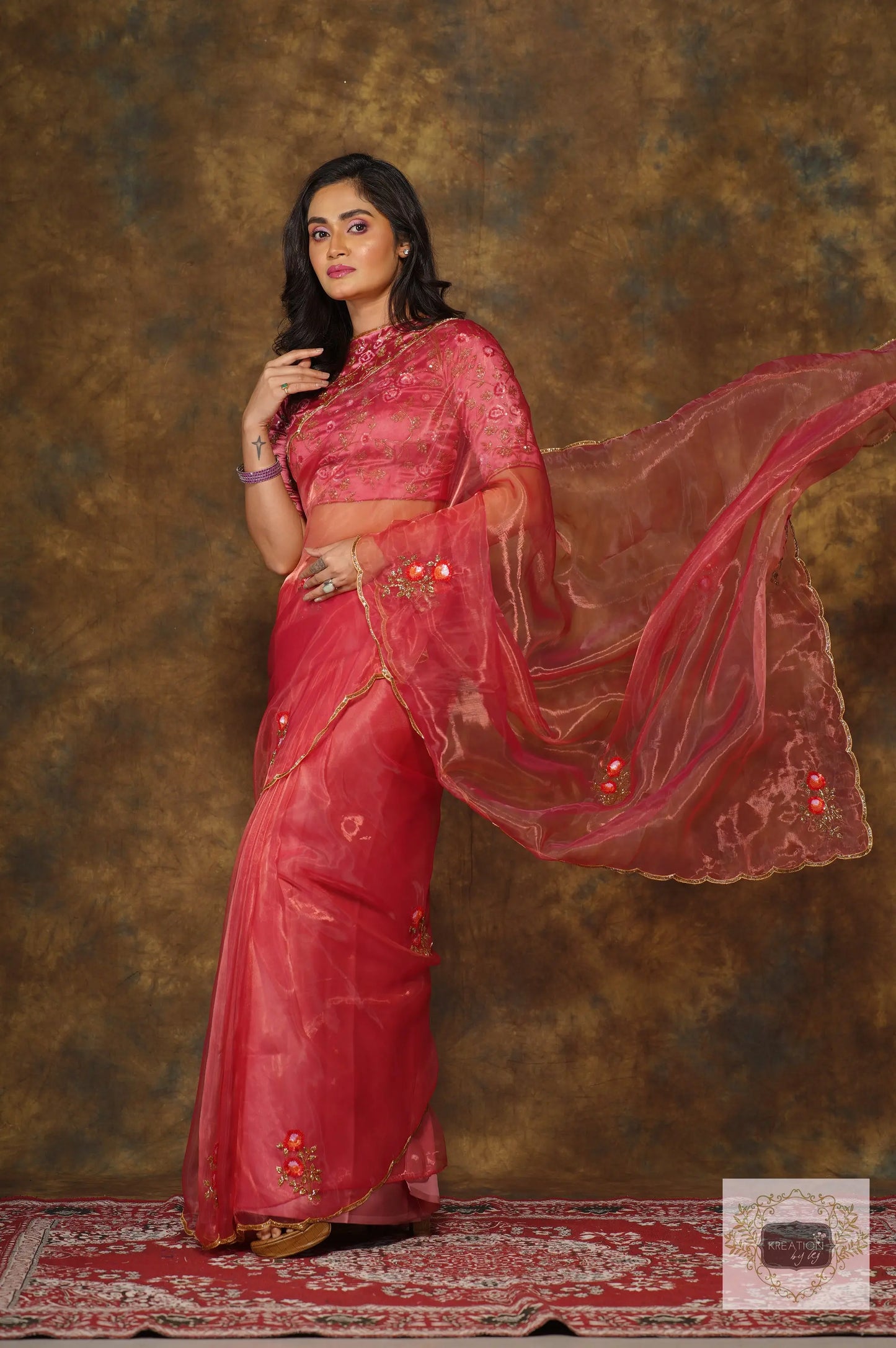Remember the Roses Pink Glass Tissue Saree kreationbykj