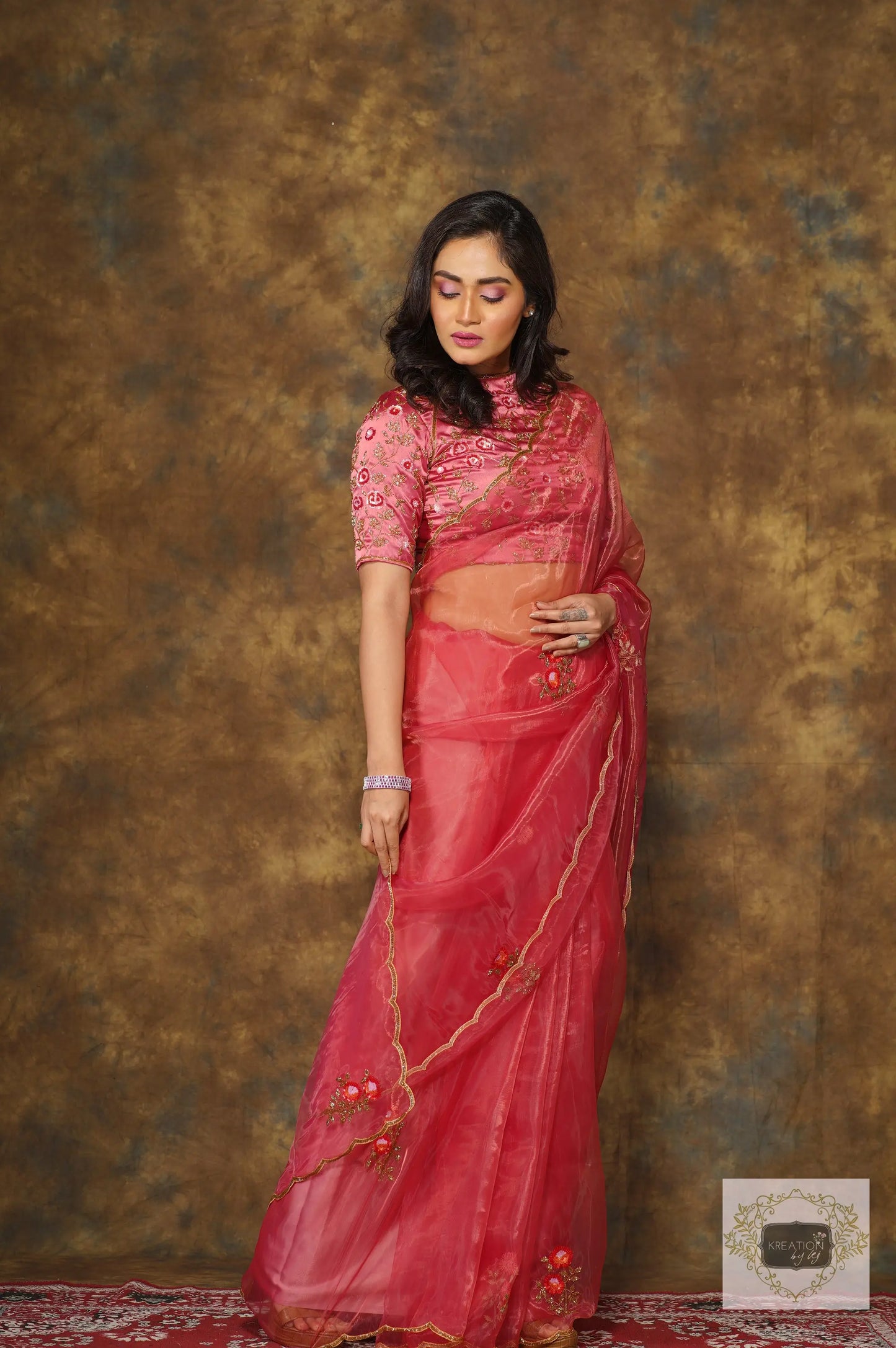 Remember the Roses Pink Glass Tissue Saree kreationbykj