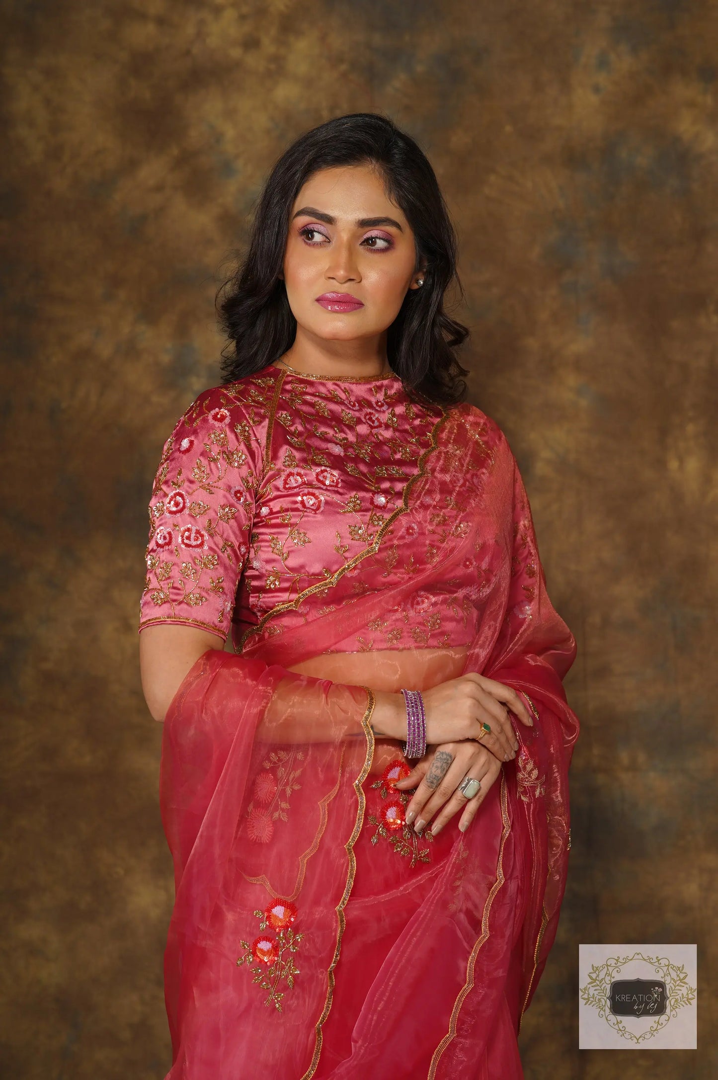 Remember the Roses Pink Glass Tissue Saree kreationbykj