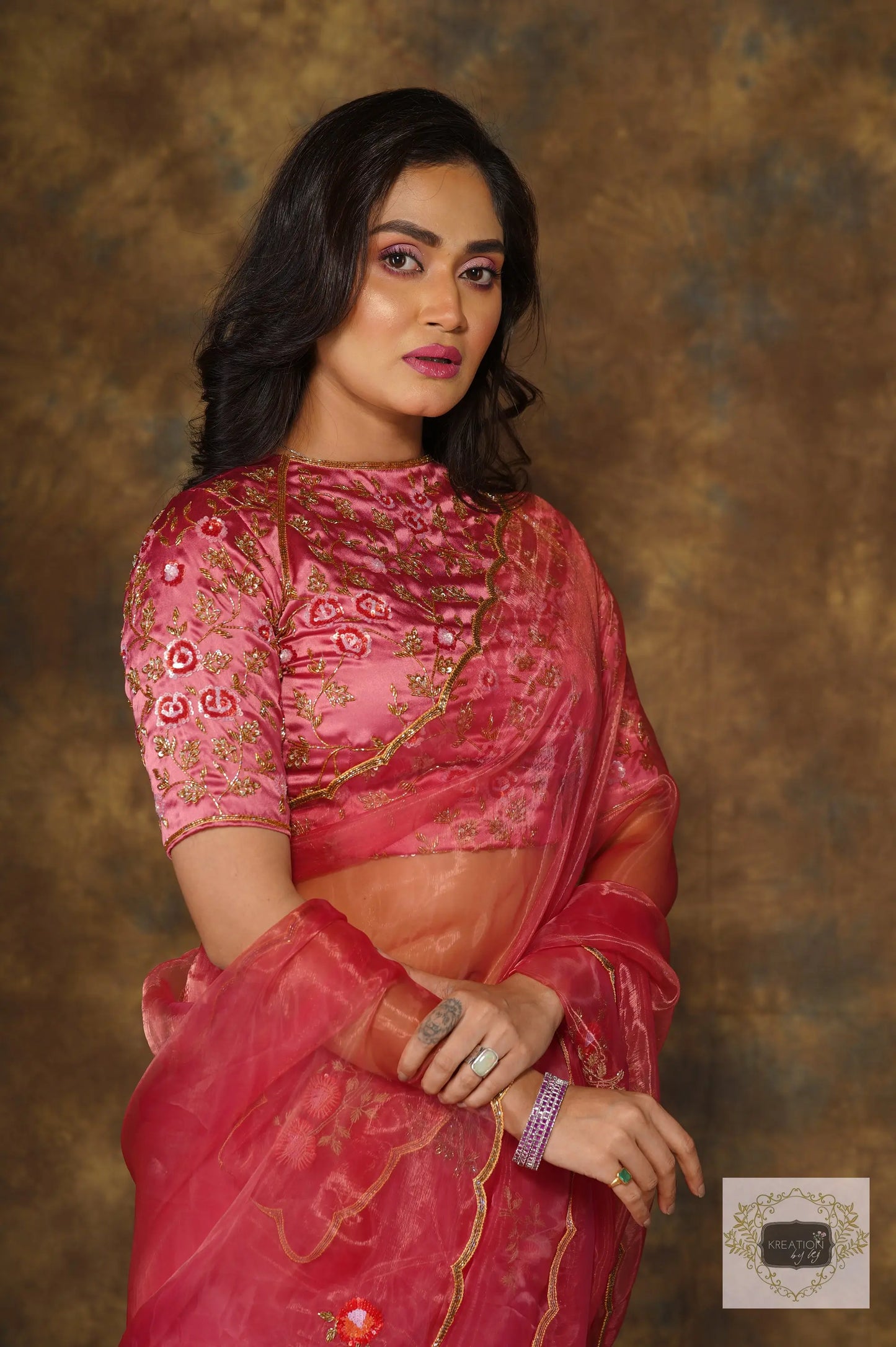 Remember the Roses Pink Glass Tissue Saree kreationbykj