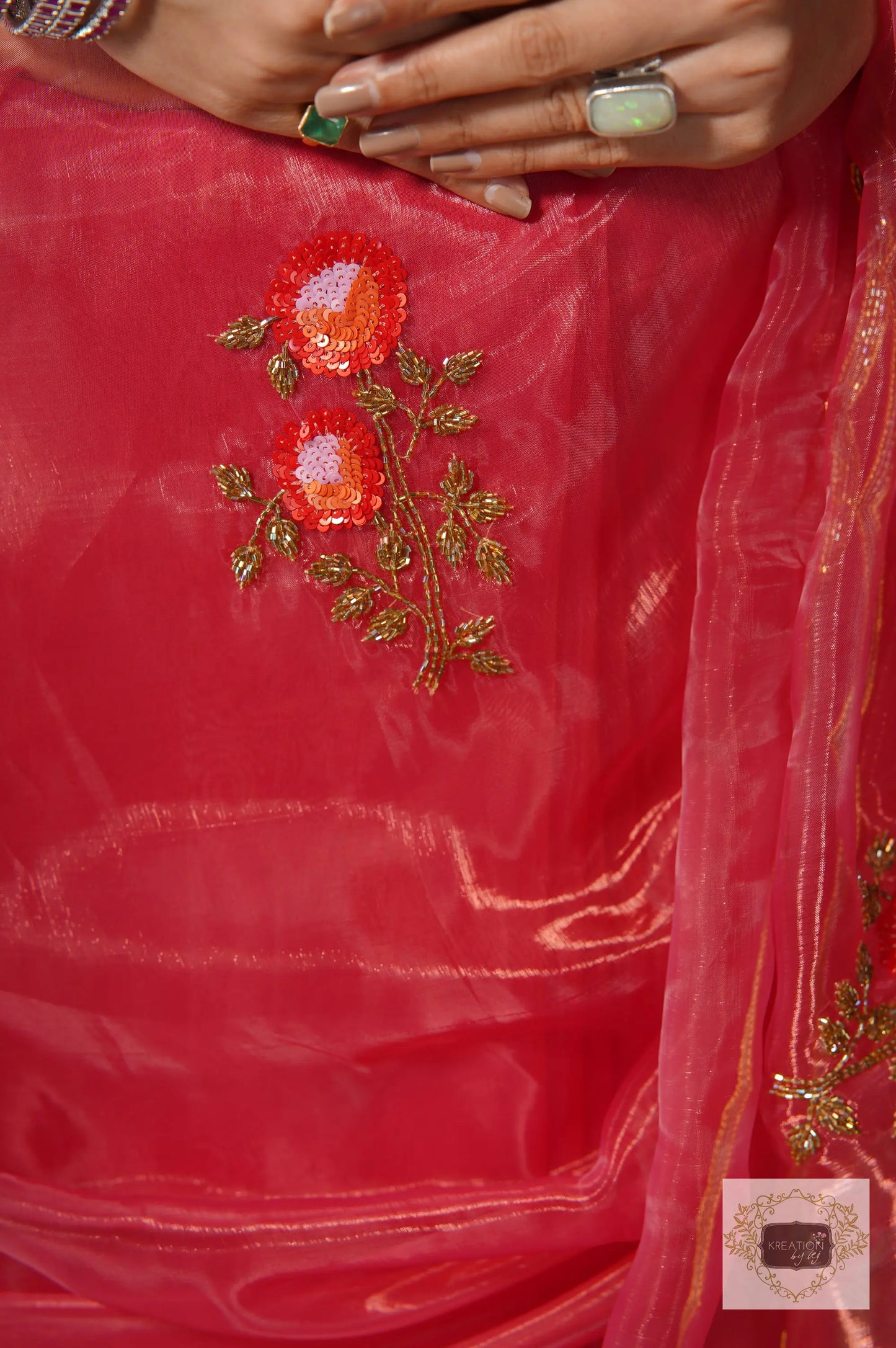 Remember the Roses Pink Glass Tissue Saree kreationbykj