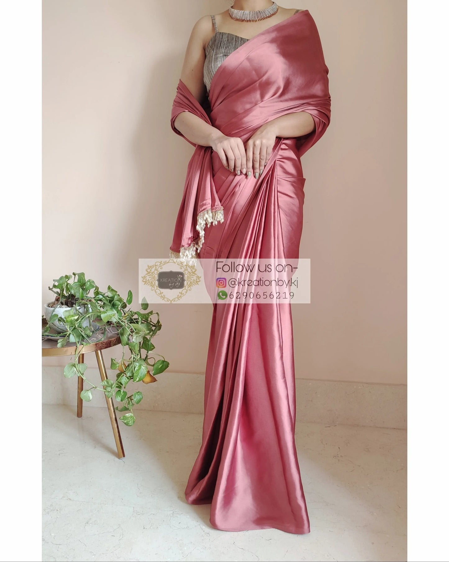Dusty Rose Satin Silk Saree With Handmade Tassels On Pallu kreationbykj.in