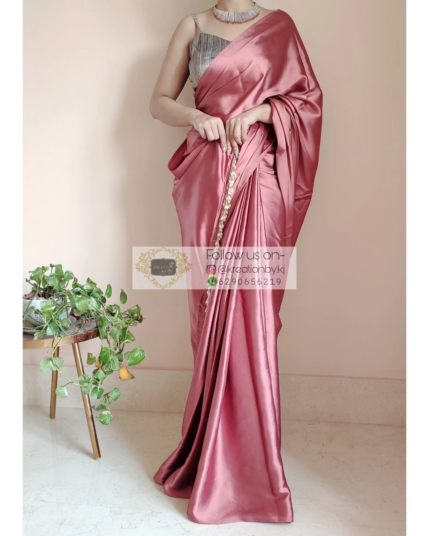 Dusty Rose Satin Silk Saree With Handmade Tassels On Pallu kreationbykj.in