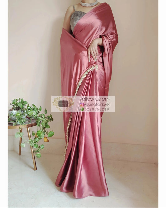 Dusty Rose Satin Silk Saree With Handmade Tassels On Pallu kreationbykj.in