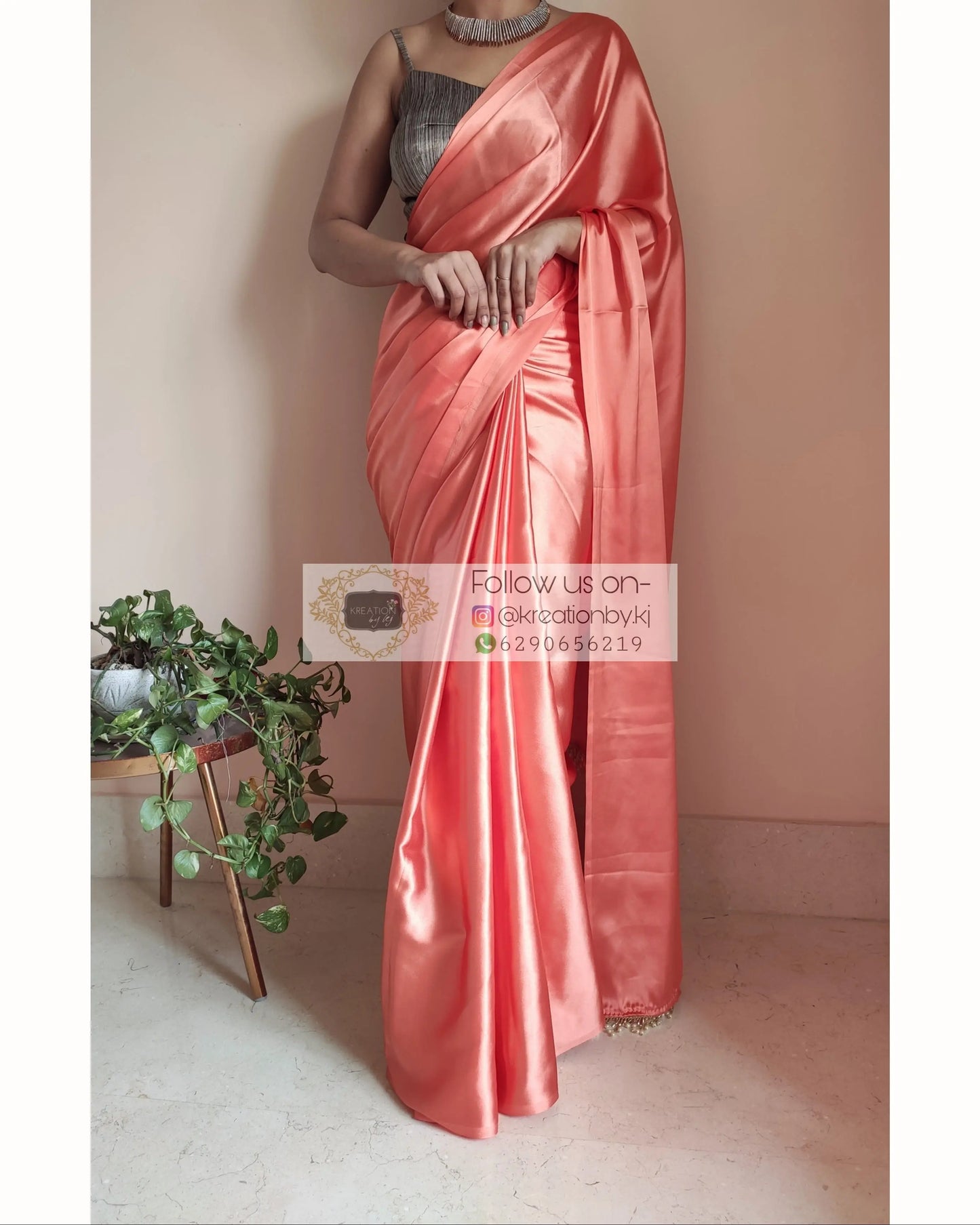 Coral Satin Silk Saree With Handmade Tassels On Pallu kreationbykj.in