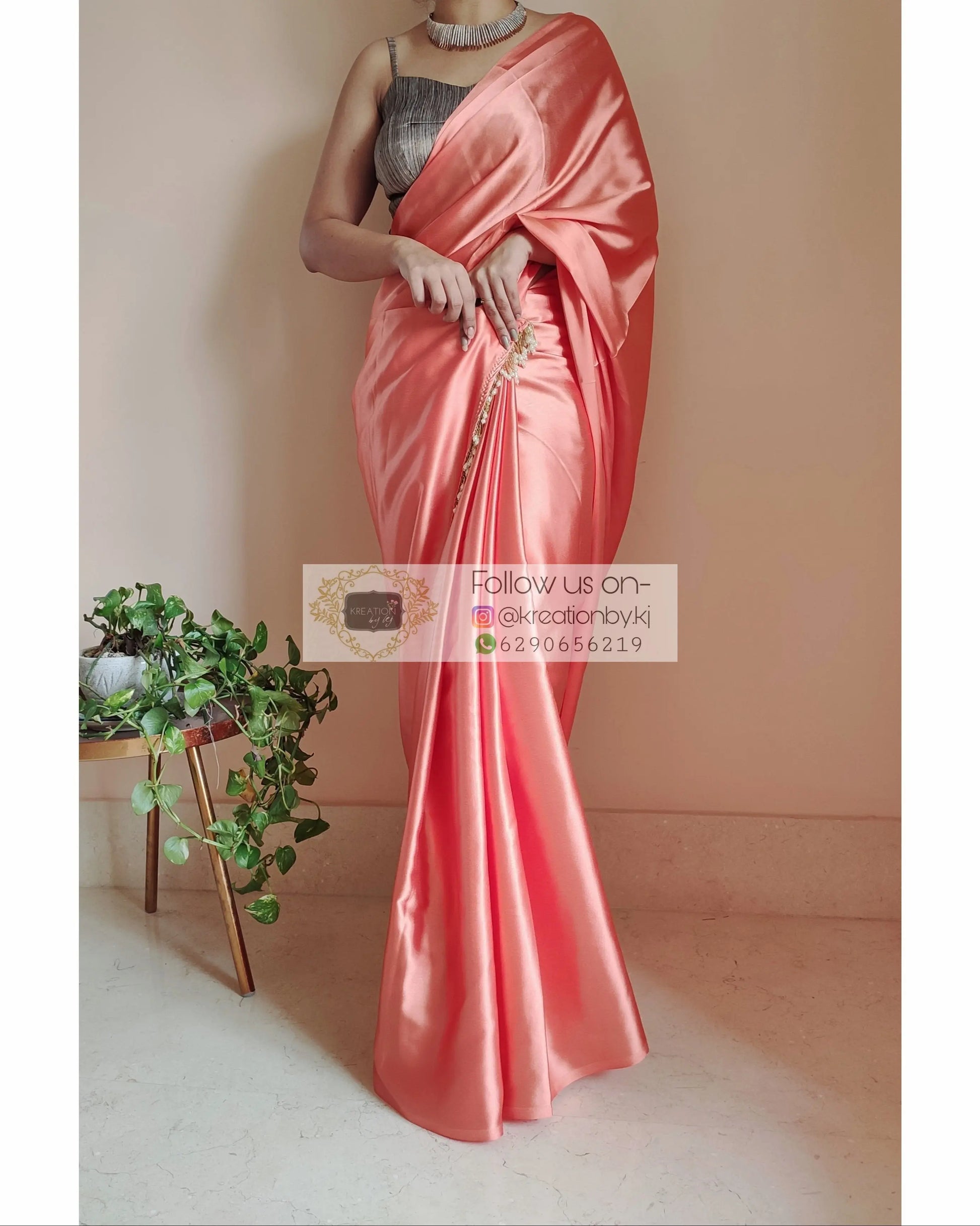 Coral Satin Silk Saree With Handmade Tassels On Pallu kreationbykj.in