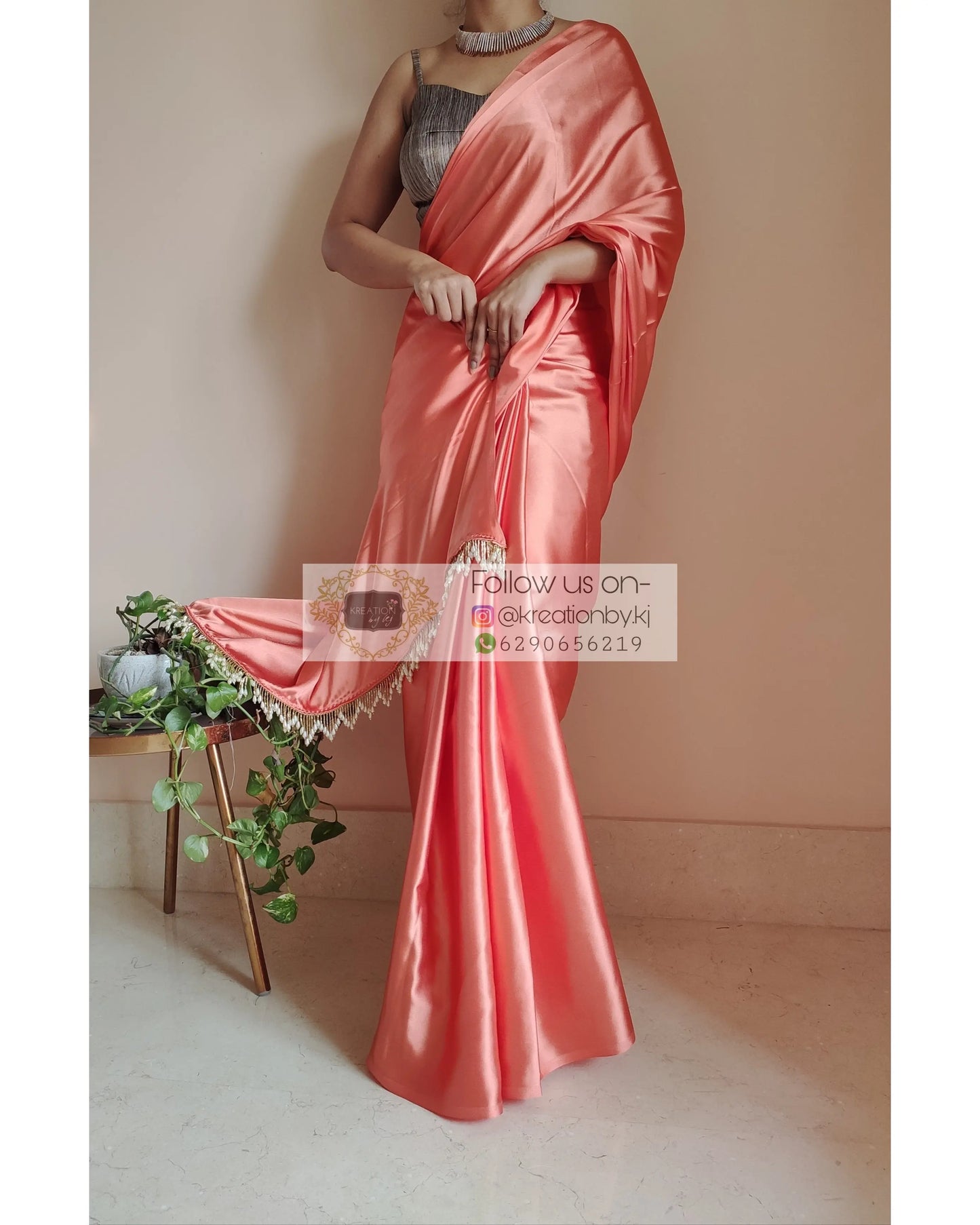 Coral Satin Silk Saree With Handmade Tassels On Pallu kreationbykj.in