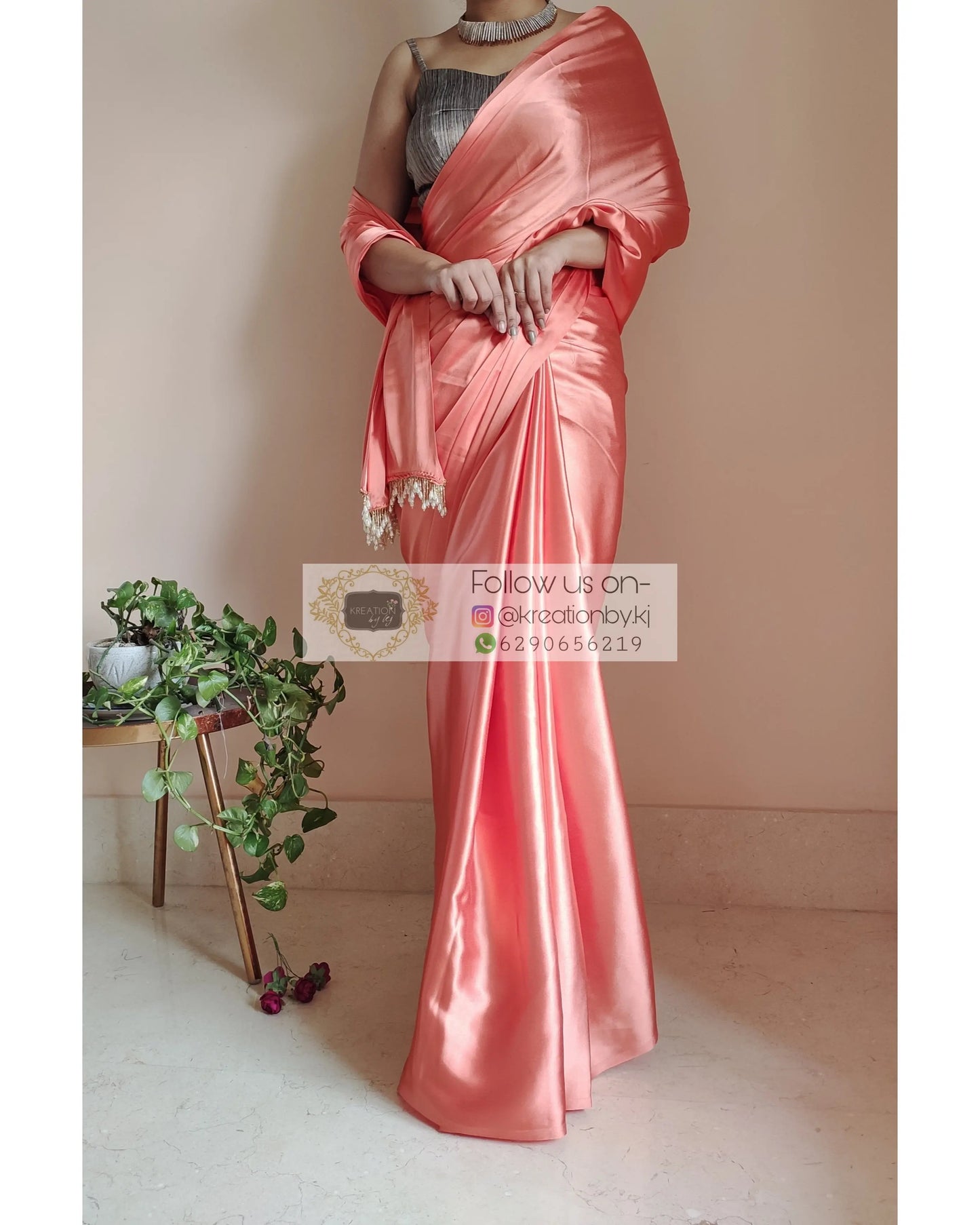 Coral Satin Silk Saree With Handmade Tassels On Pallu kreationbykj.in
