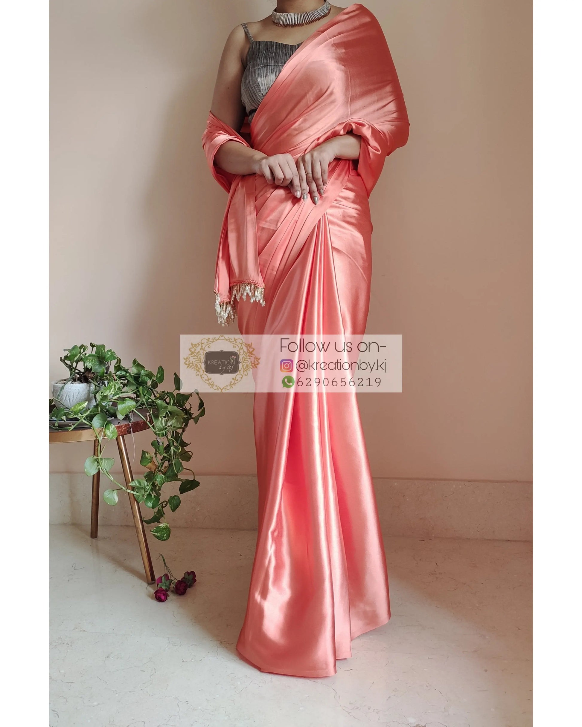 Coral Satin Silk Saree With Handmade Tassels On Pallu kreationbykj.in