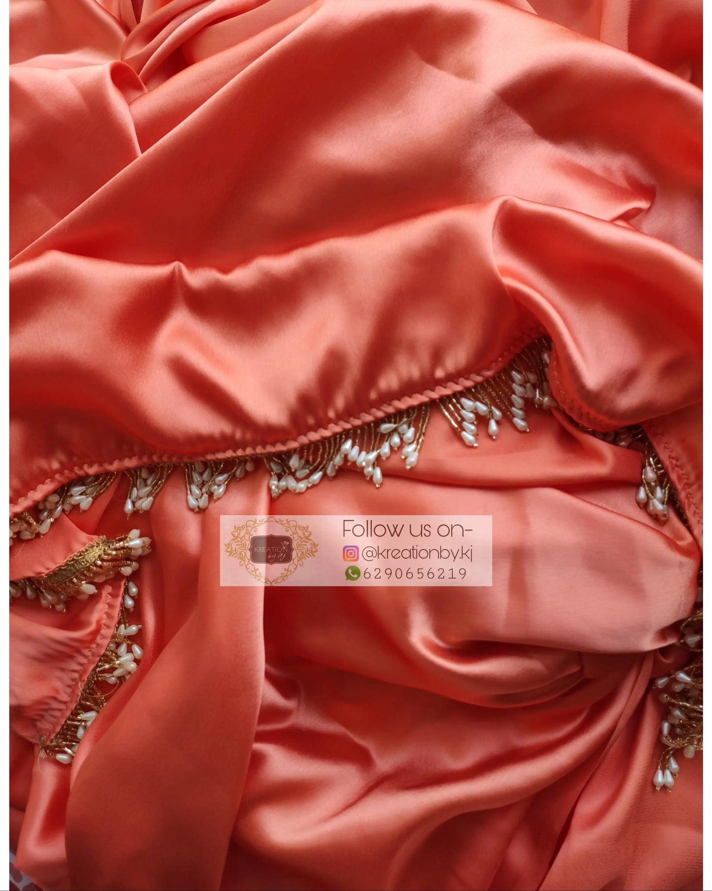 Coral Satin Silk Saree With Handmade Tassels On Pallu kreationbykj.in
