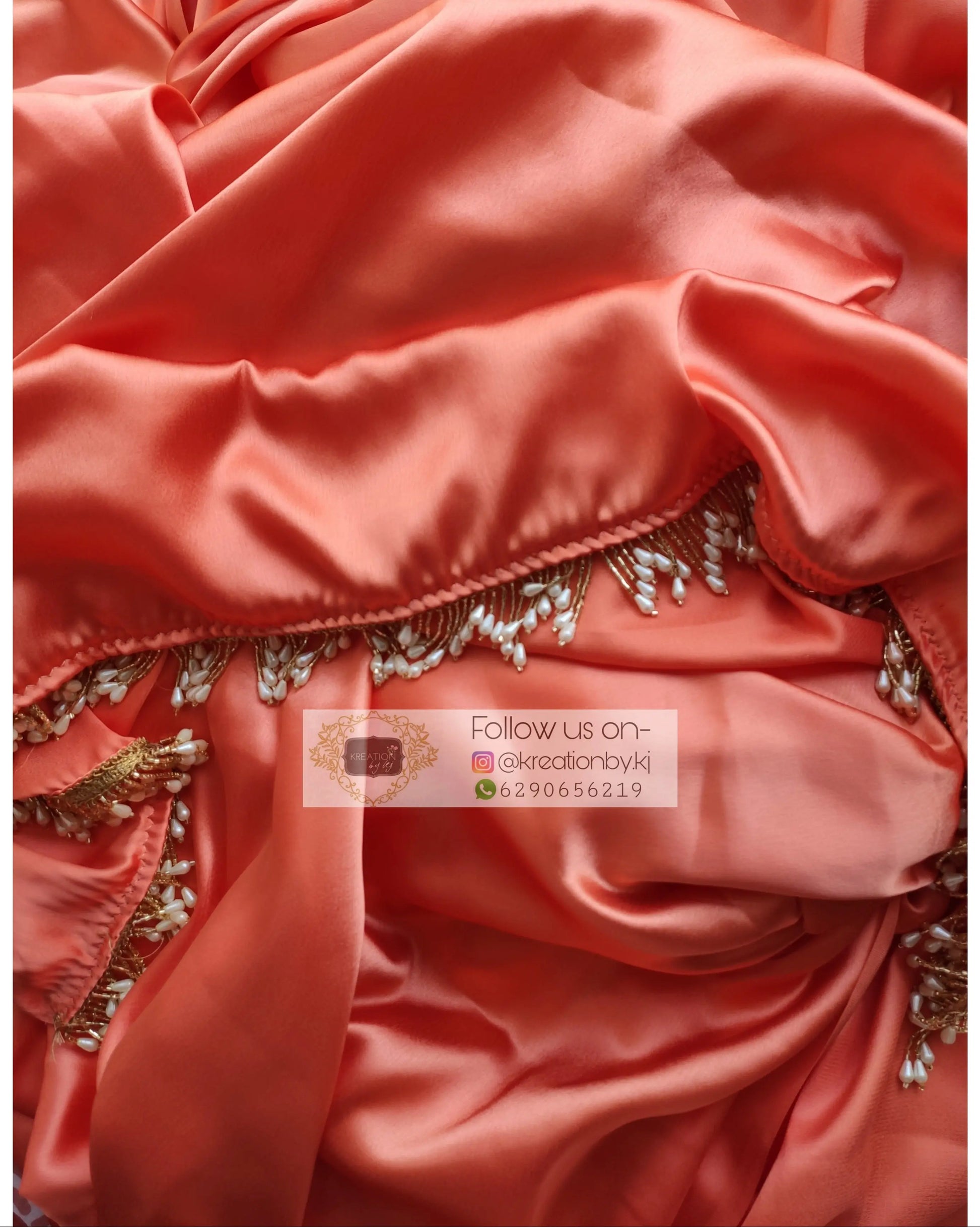 Coral Satin Silk Saree With Handmade Tassels On Pallu kreationbykj.in