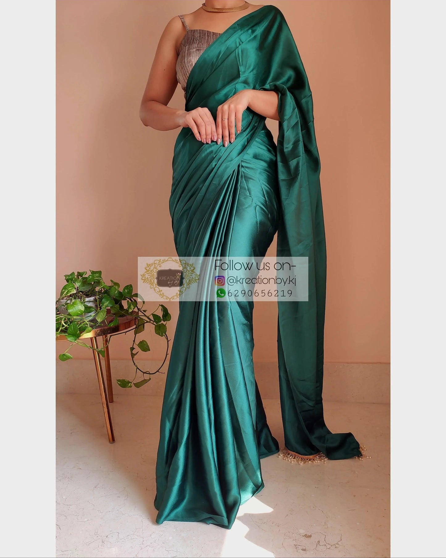 Emerald Green Satin Silk Saree With Handmade Tassels On Pallu kreationbykj.in
