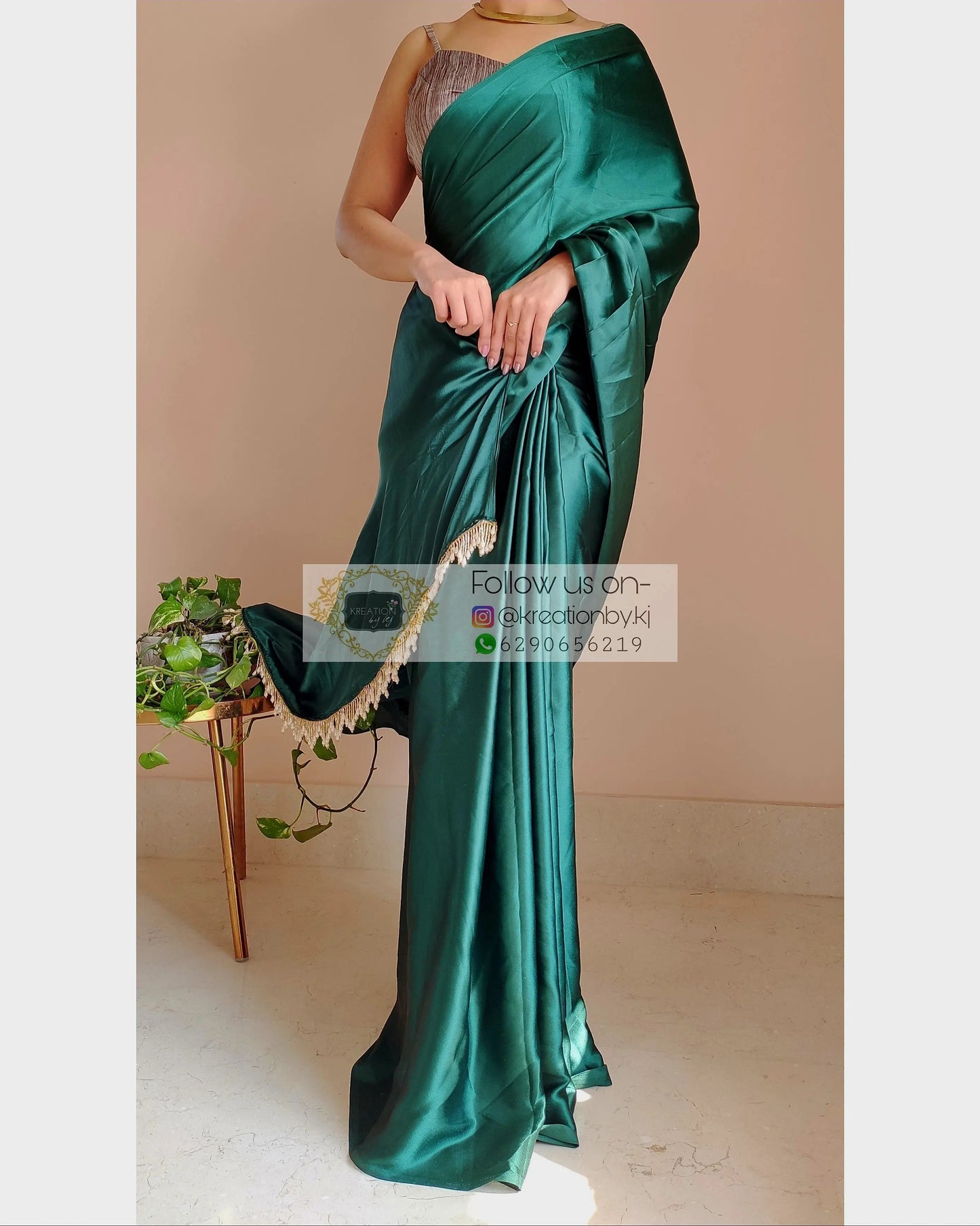 Emerald Green Satin Silk Saree With Handmade Tassels On Pallu kreationbykj.in