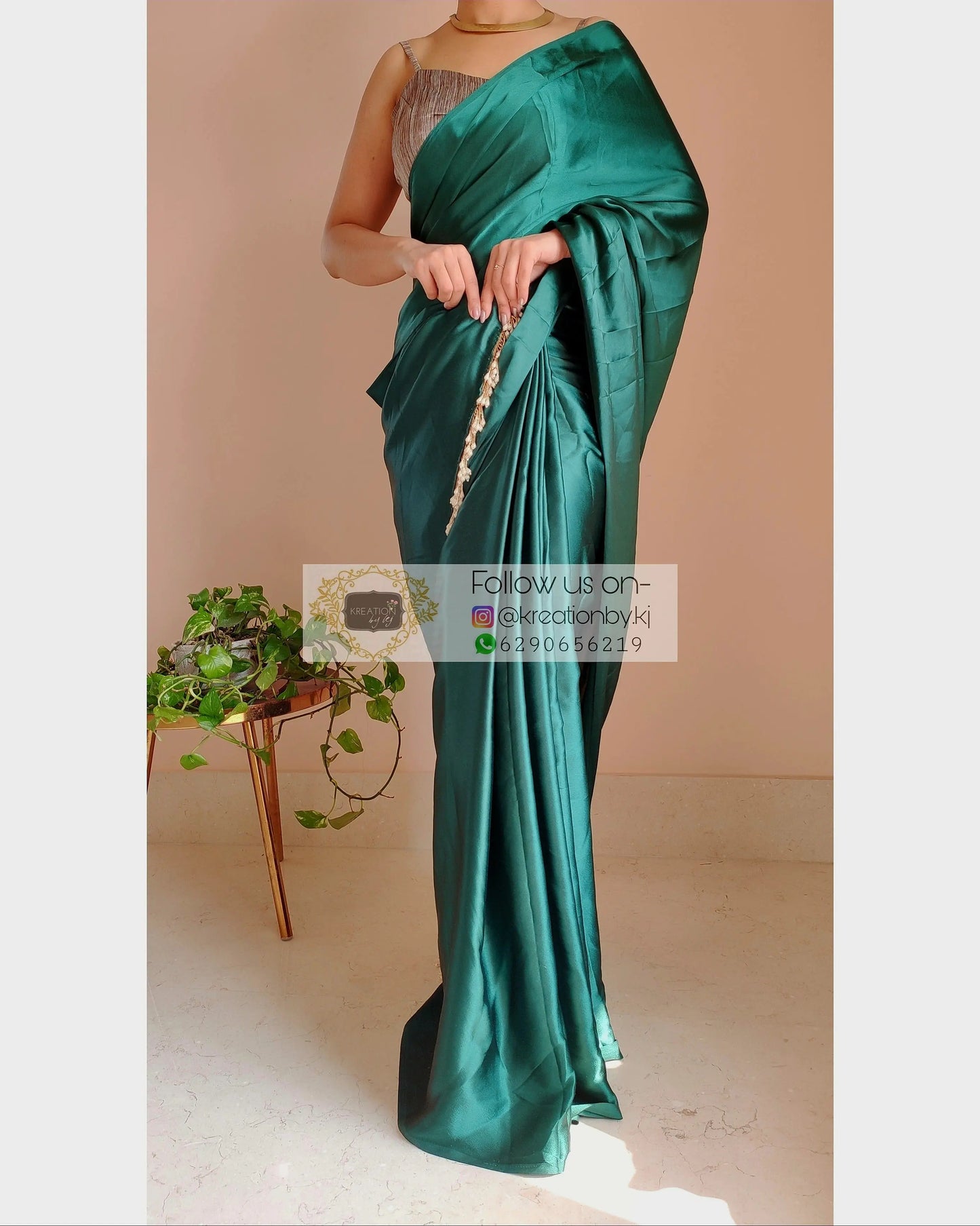 Emerald Green Satin Silk Saree With Handmade Tassels On Pallu kreationbykj.in