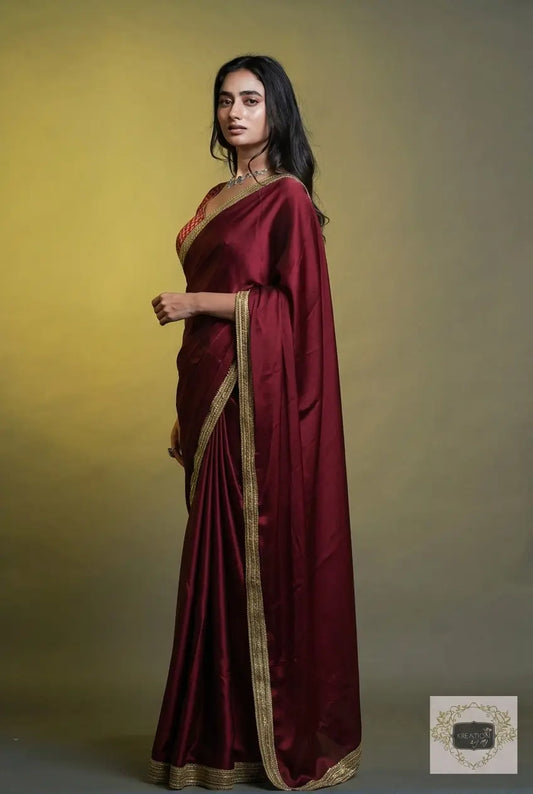 Maroon Georgette Saree with Golden Border kreationbykj