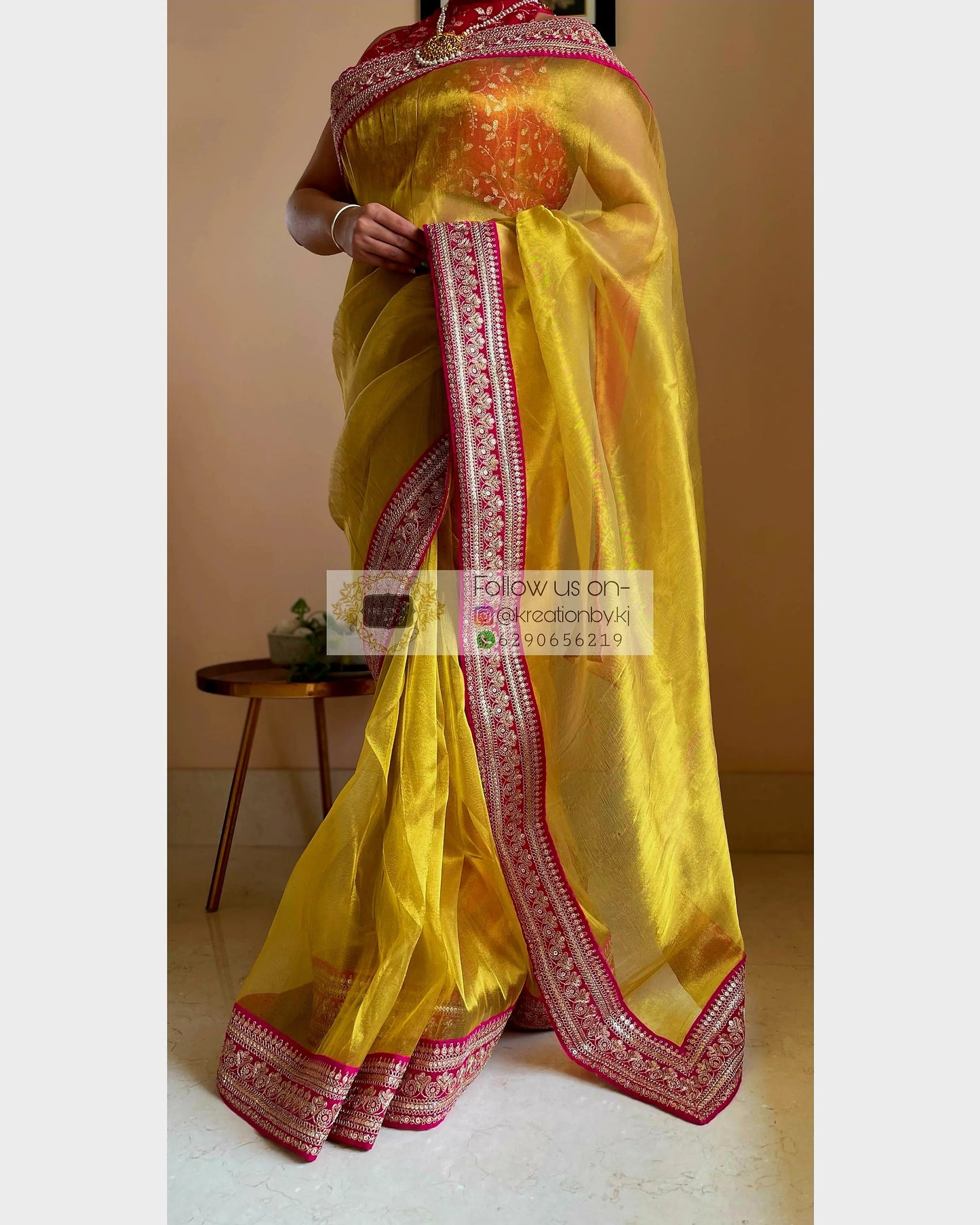 Gold Tissue Silk Saree with Fuschia Border kreationbykj